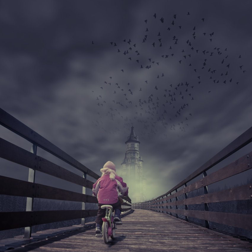 girl, bicycling, bridge, shinning clouds, light, tower, forest, journey, alone, cold, winter, light, Caras Ionut