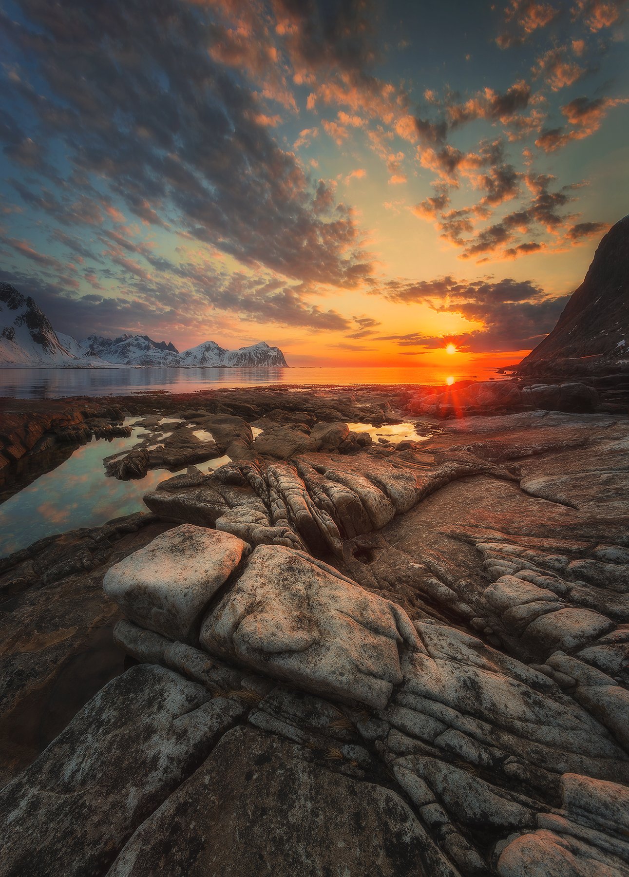 sunset, norway, north, sunrise, clouds, sky, stones, mountains, Lofoten, islands, sea, snow, sun,, Patrycja Towarek