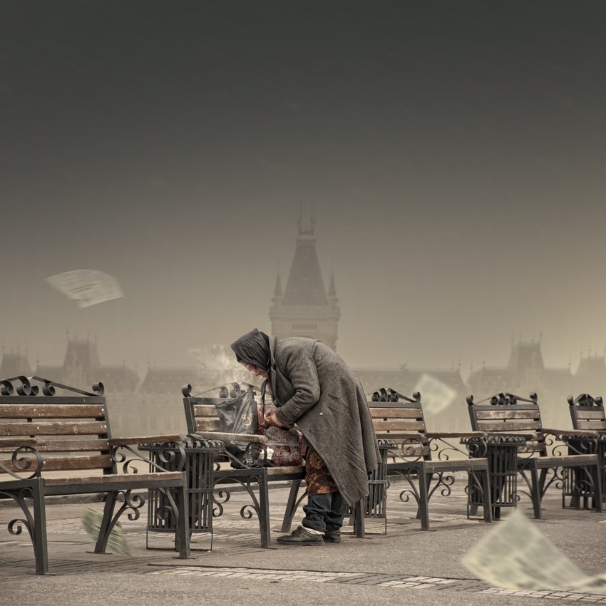 old, woman, cold, wind, newspaper, bench, light, lighter, poor,, Caras Ionut