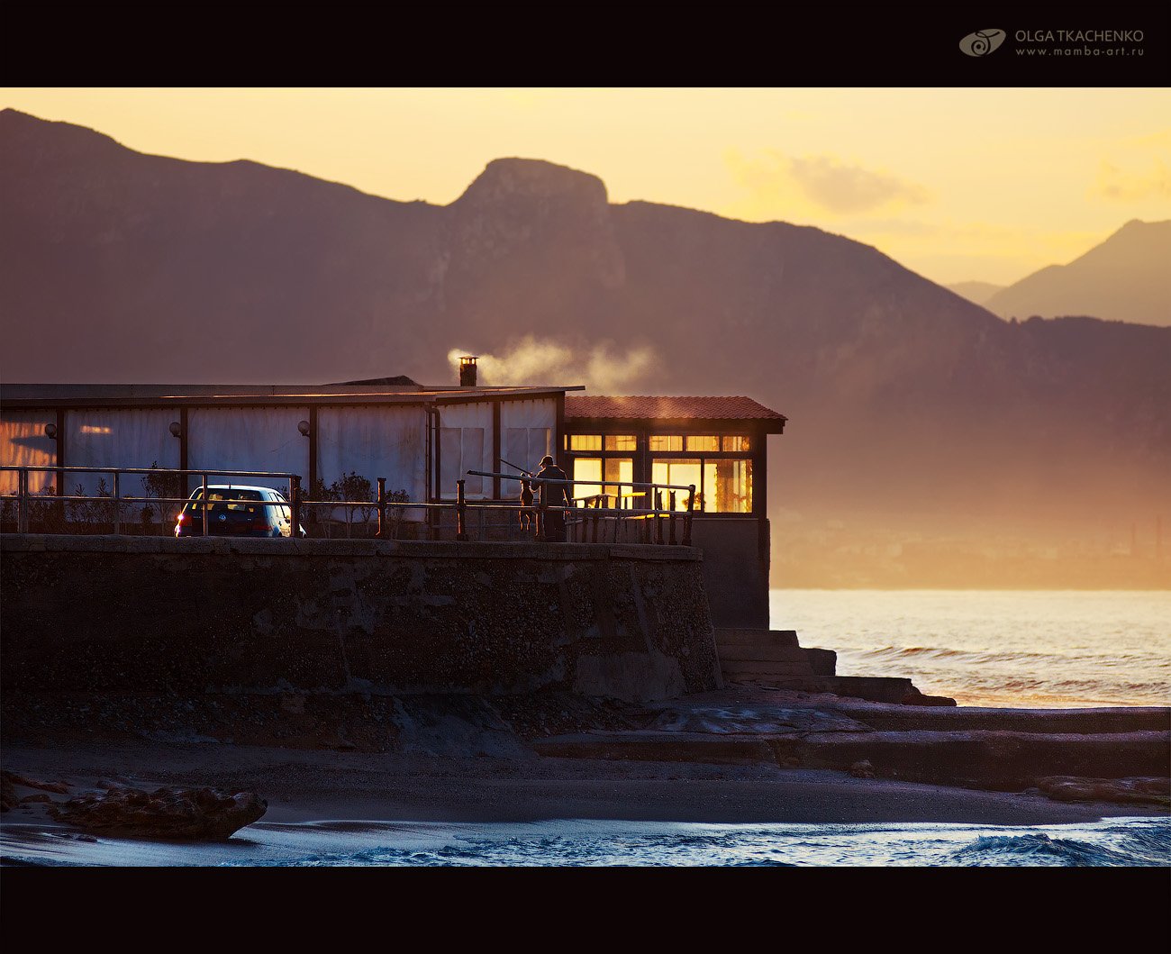 aspra, sicily, restaurant, sea, sunset, dog, smoke, Olga Tkachenko