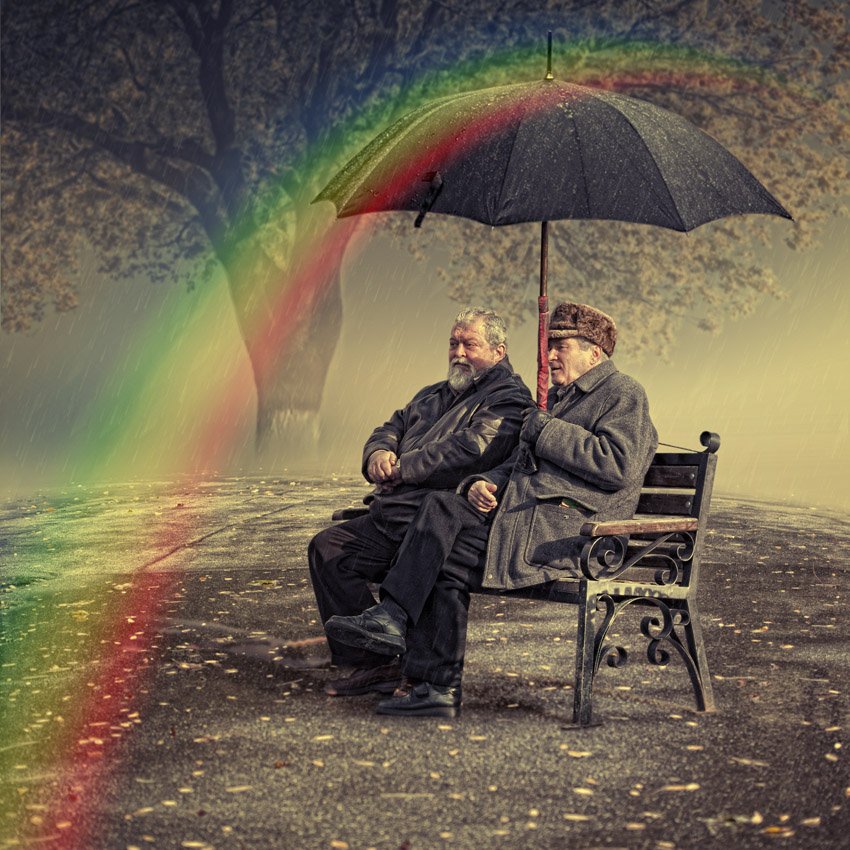 rainbow, umbrella, rain, tree, drops, leaf, bench, man, sitting, surreal, men, wet, fantasy, storyteller, cheating, Caras Ionut