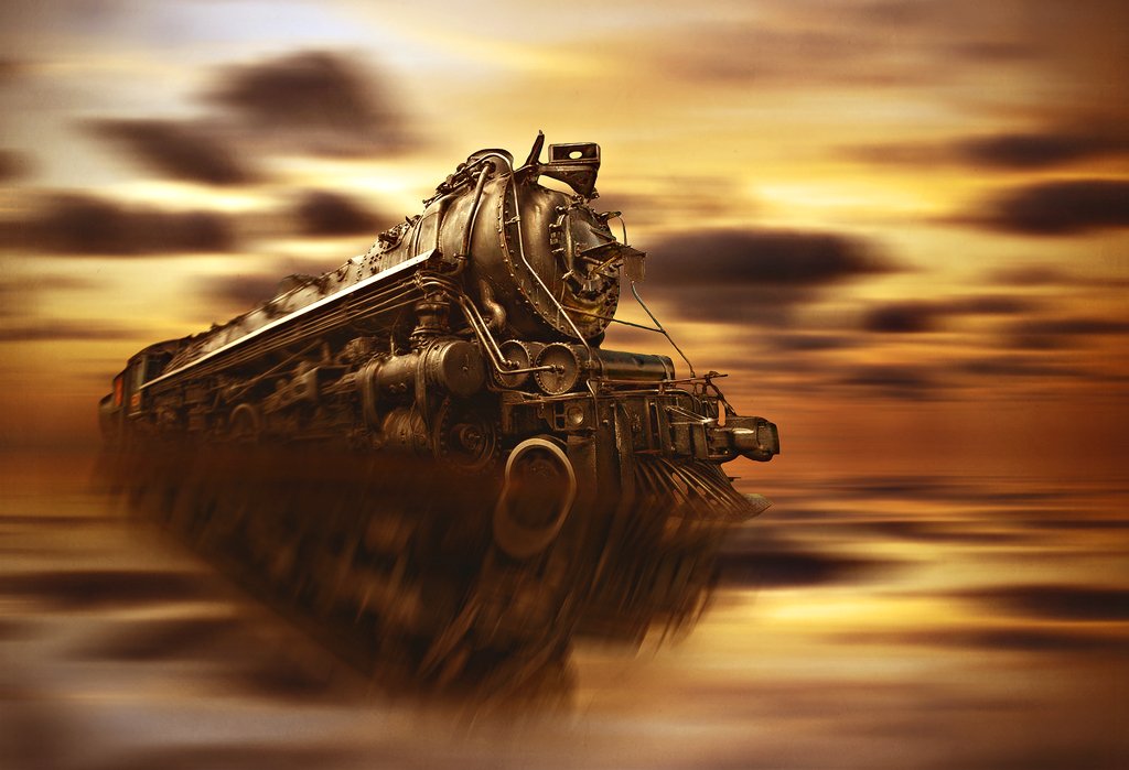 sunset, train, collage, Artur Brandys