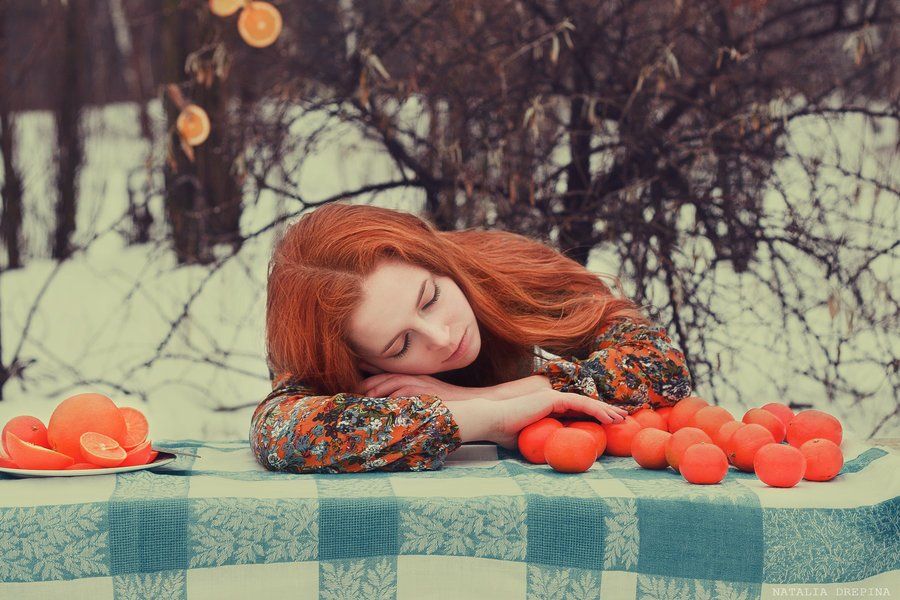 orange, mandarin, fruit, new year, red-haired girl, fairy tale, dream, dreamer, trees, ginger, sleep, citrus tale, Natalia Drepina