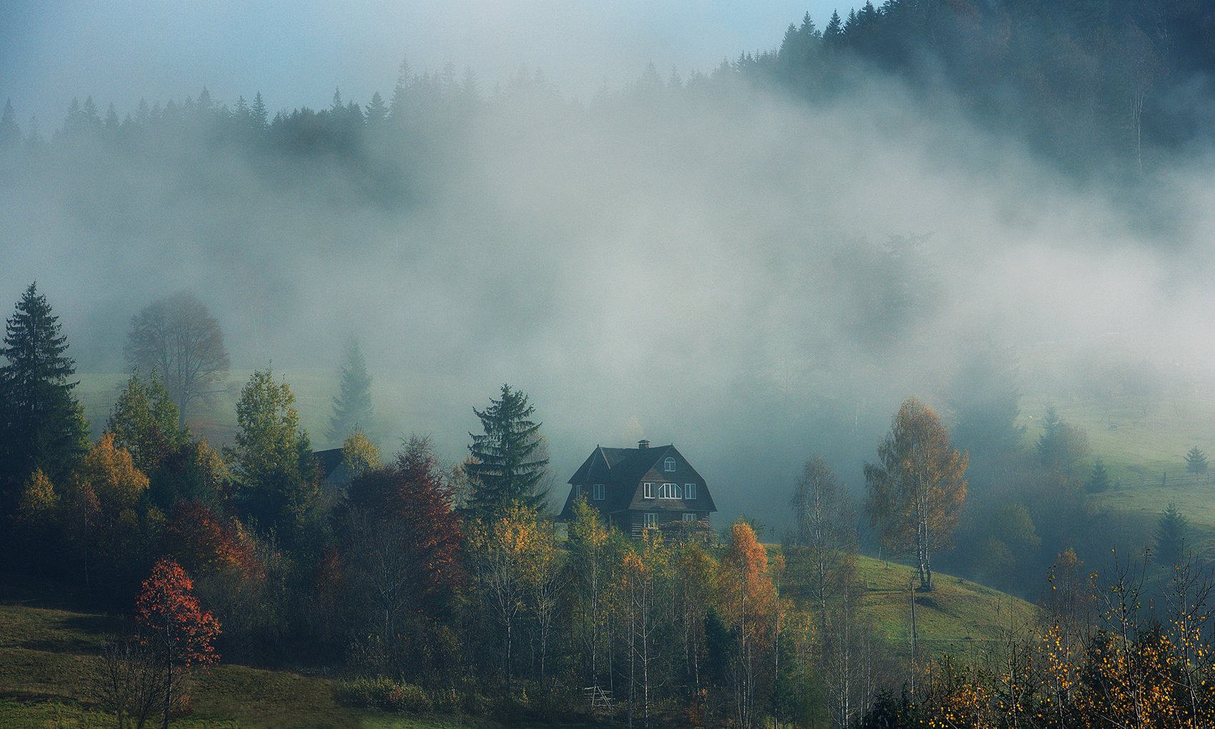 горы, дом, туман, Вьюшкин Игорь