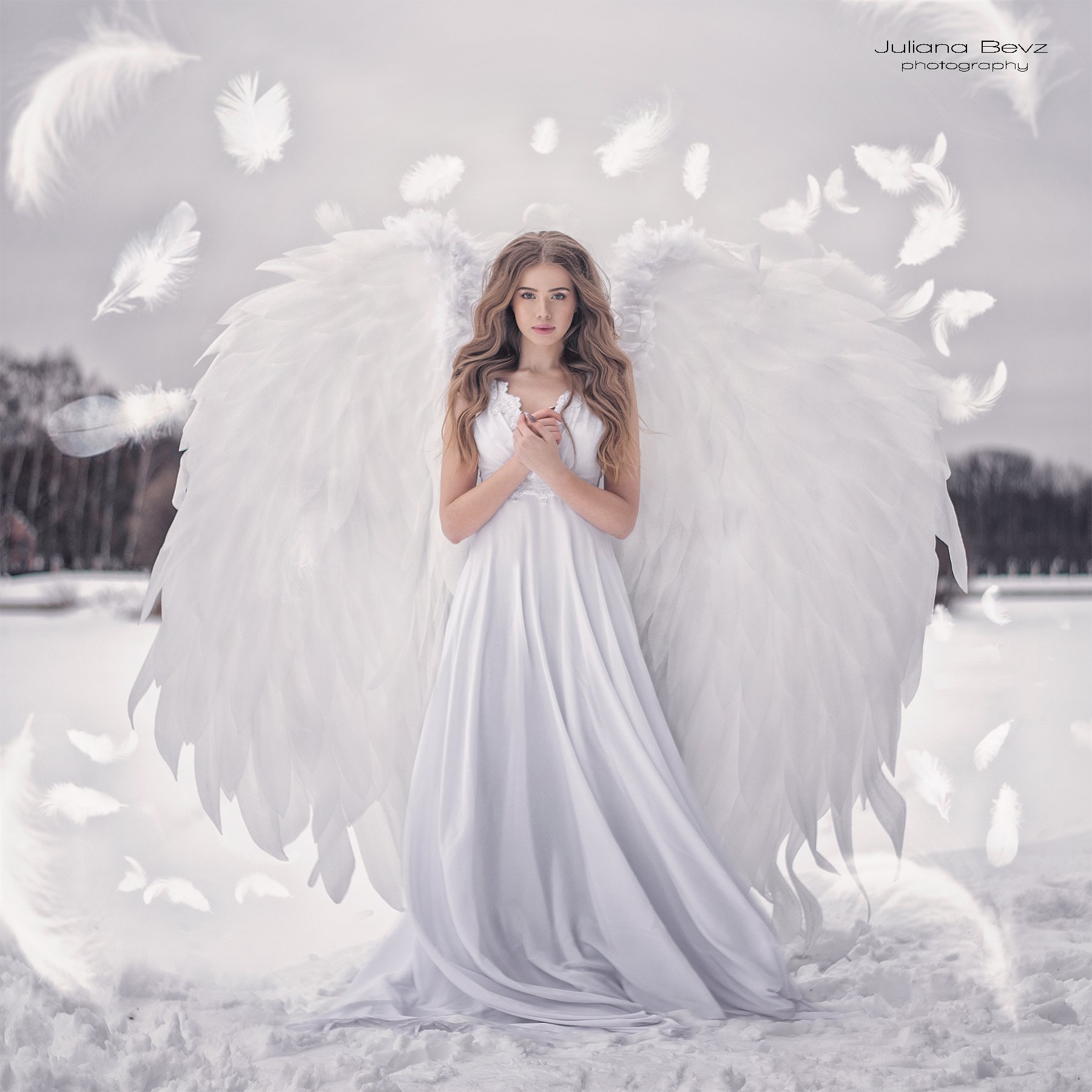 девушка, ангел, зима, крылья, невинность, белое платье, Juliana Bevz
