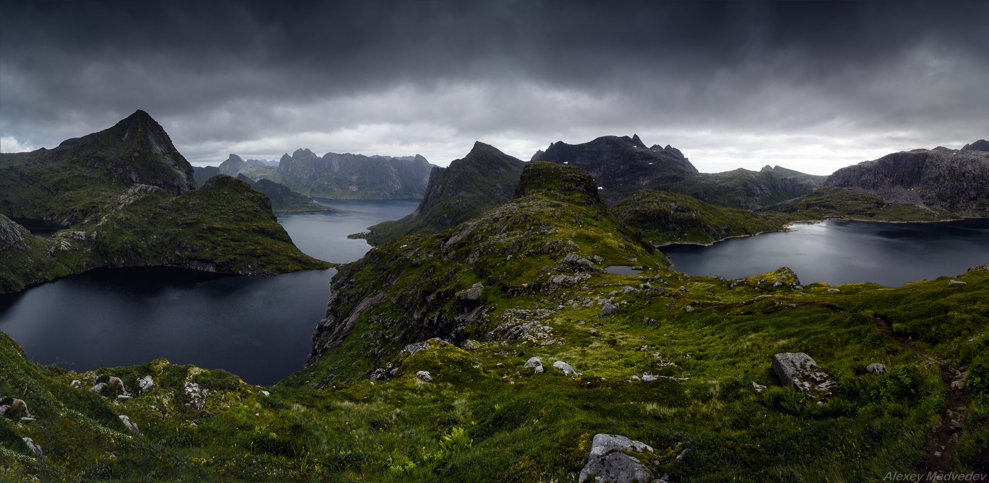 lofoten, summer, norway, cold, fjord, dark, rocks, mountains, lake, green, норвегия, север, фьорды, горы, north, лофотены, monkebu, moskenes, moskenesøya, Алексей Медведев