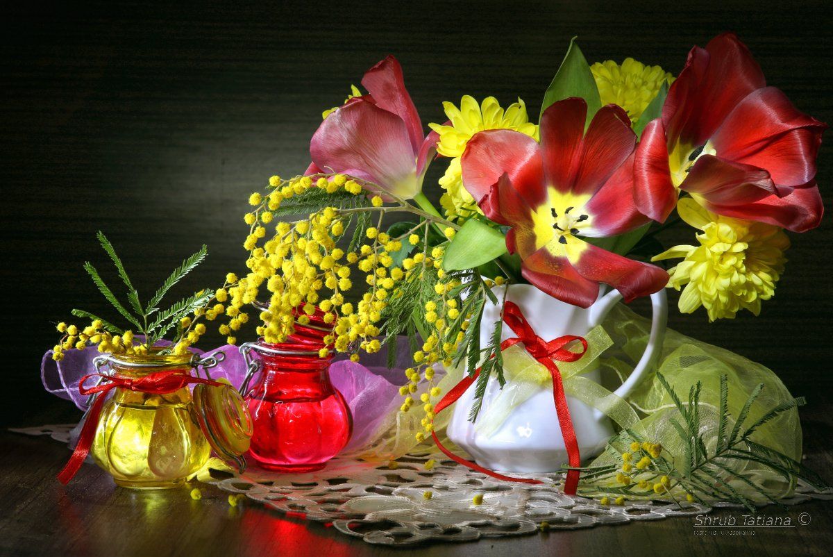 весна, цветы, букет, мимоза, тюльпаны, ваза, Шруб (Беляева) Татьяна