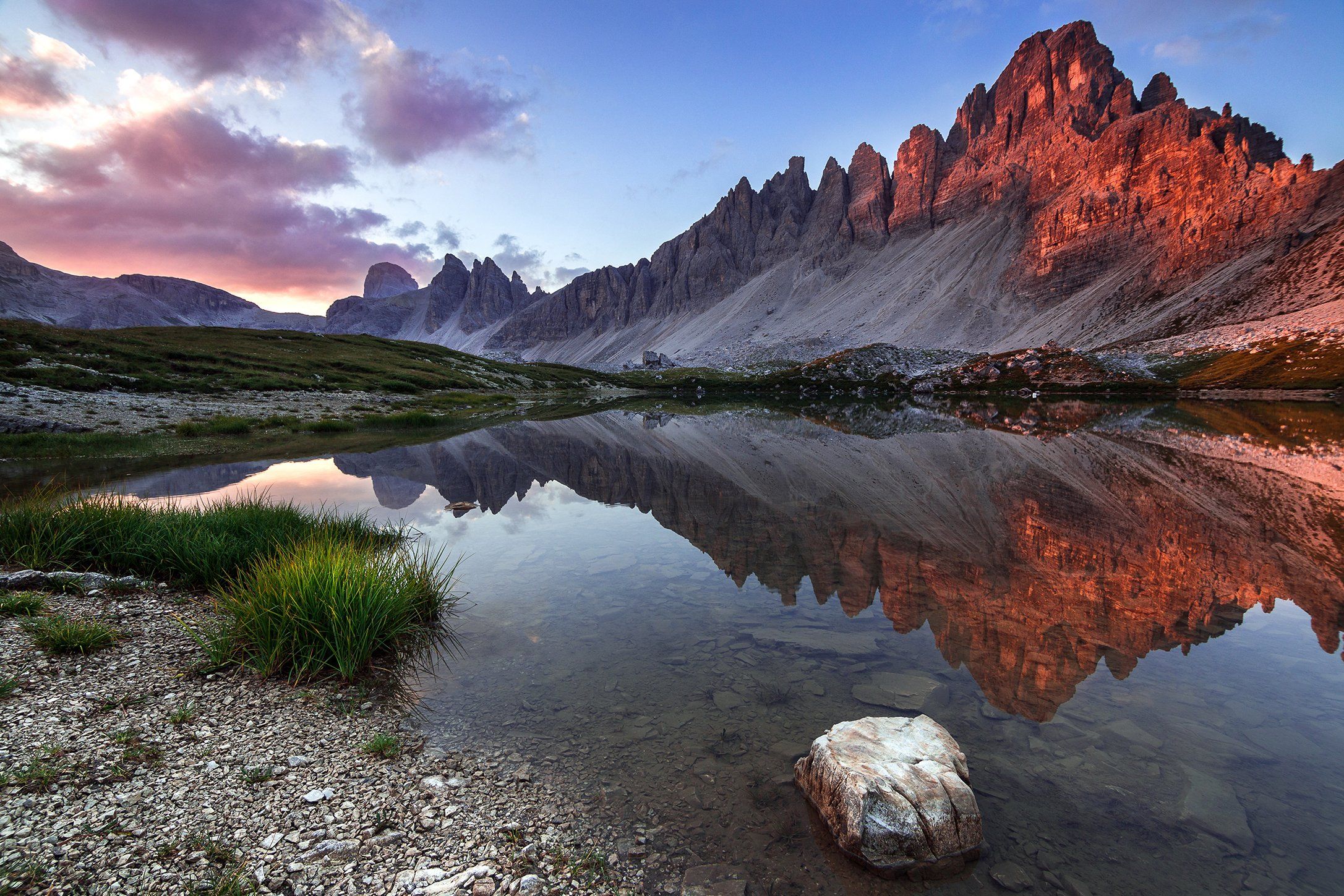 mountains, dolomites, italy, sunrise, landscape, nature, travel, summer, peak, clouds, lake, reflection, Lazar Ioan Ovidiu