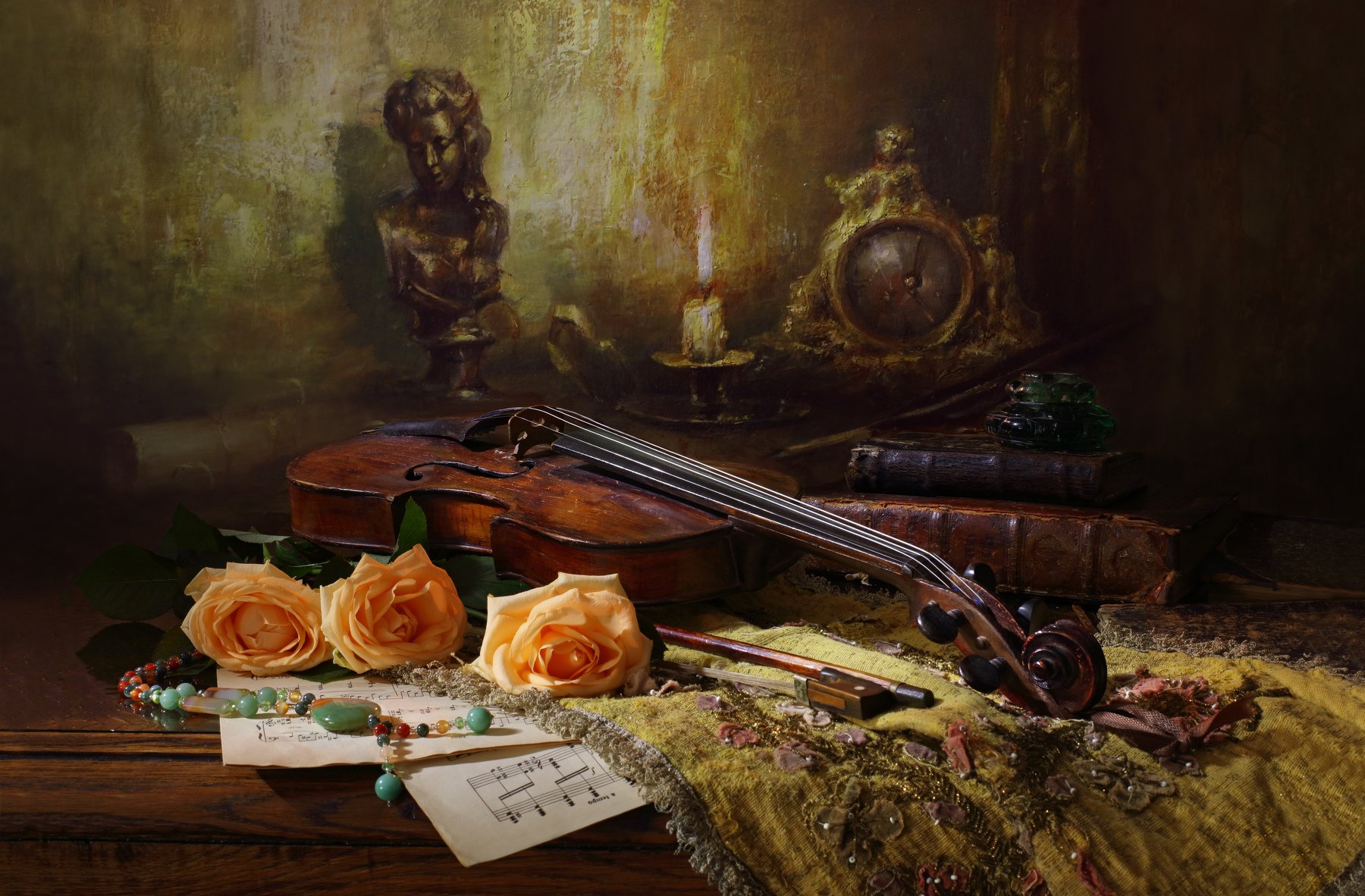 розы, скрипка, музыка, цветы, свет, свеча, картина, живопись, Андрей Морозов