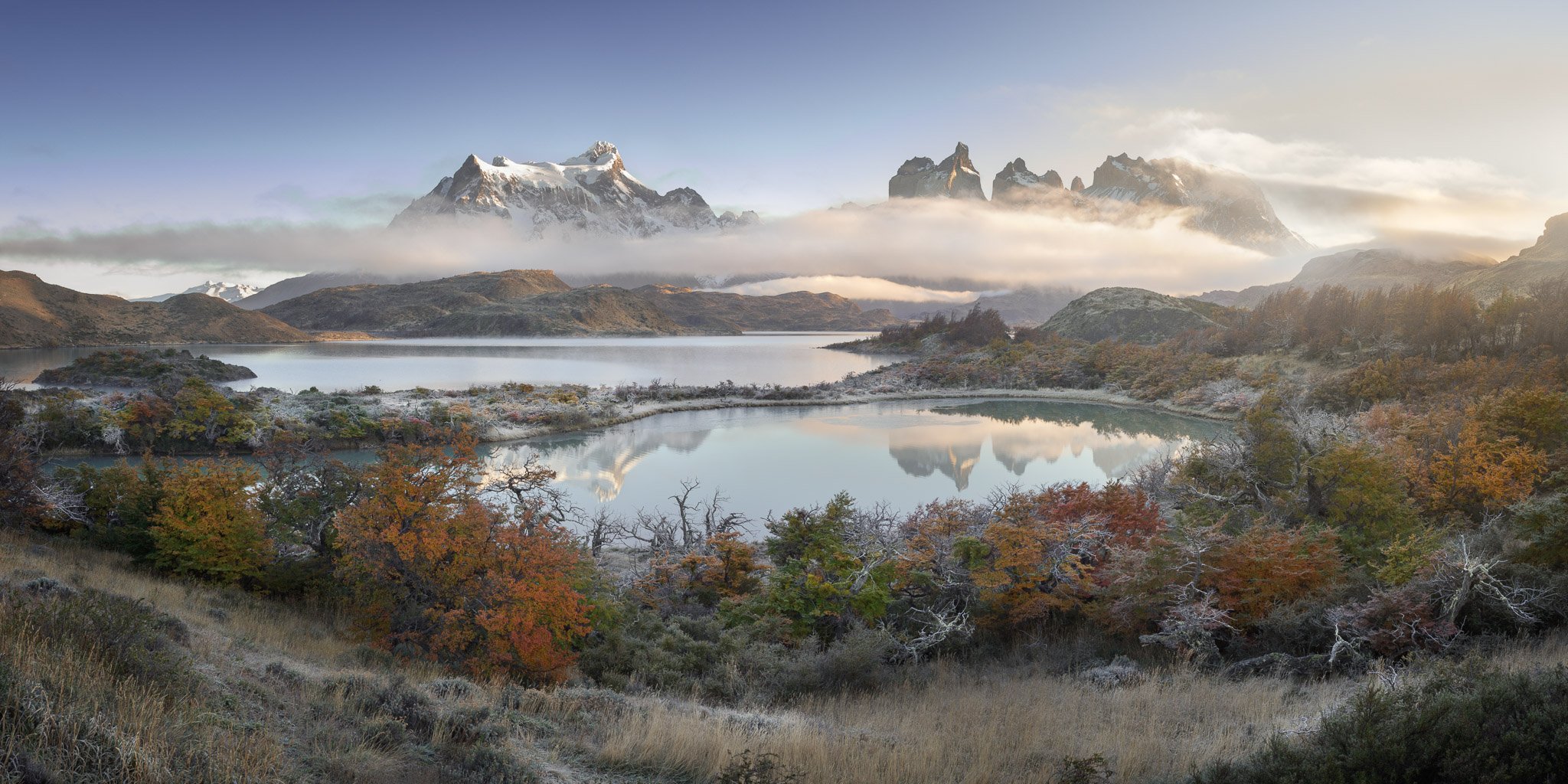 america, andes, beautiful, blue, chile, clouds, cuernos, del, frost, glacier, hiking, hill, ice, lake, landmark, landscape, light, mirror, morning, mountain, national, nature, orange, outdoor, paine, pano, panorama, panoramic, park, patagonia, peak, pehoe, Andrey Omelyanchuk