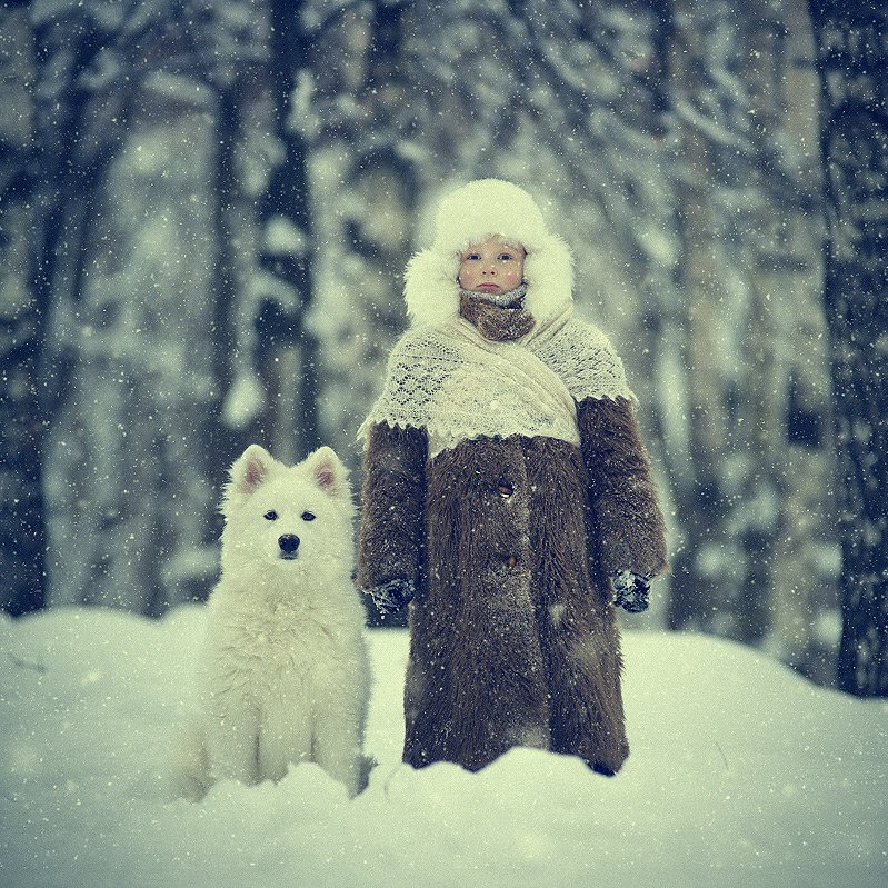 мальчик, собака, самоед, снег, лес, шуба, зима, дружба, холод, Владимир Зотов