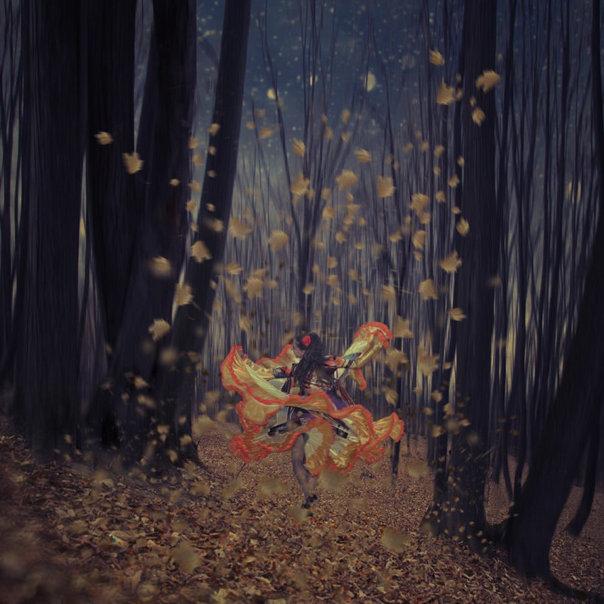 forest, night, wind, tree, leaf, butterfly, woman, dancer, spark, Caras Ionut