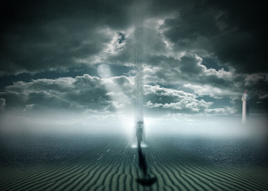 collage, man, rain, clouds, sea, walk, umbrella, lighthouse, Artur Brandys
