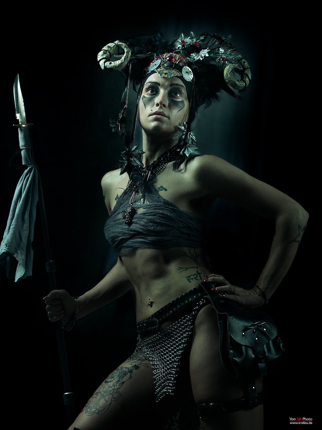 girl, warrior, darkness, spear, horns, skin, Von Sel