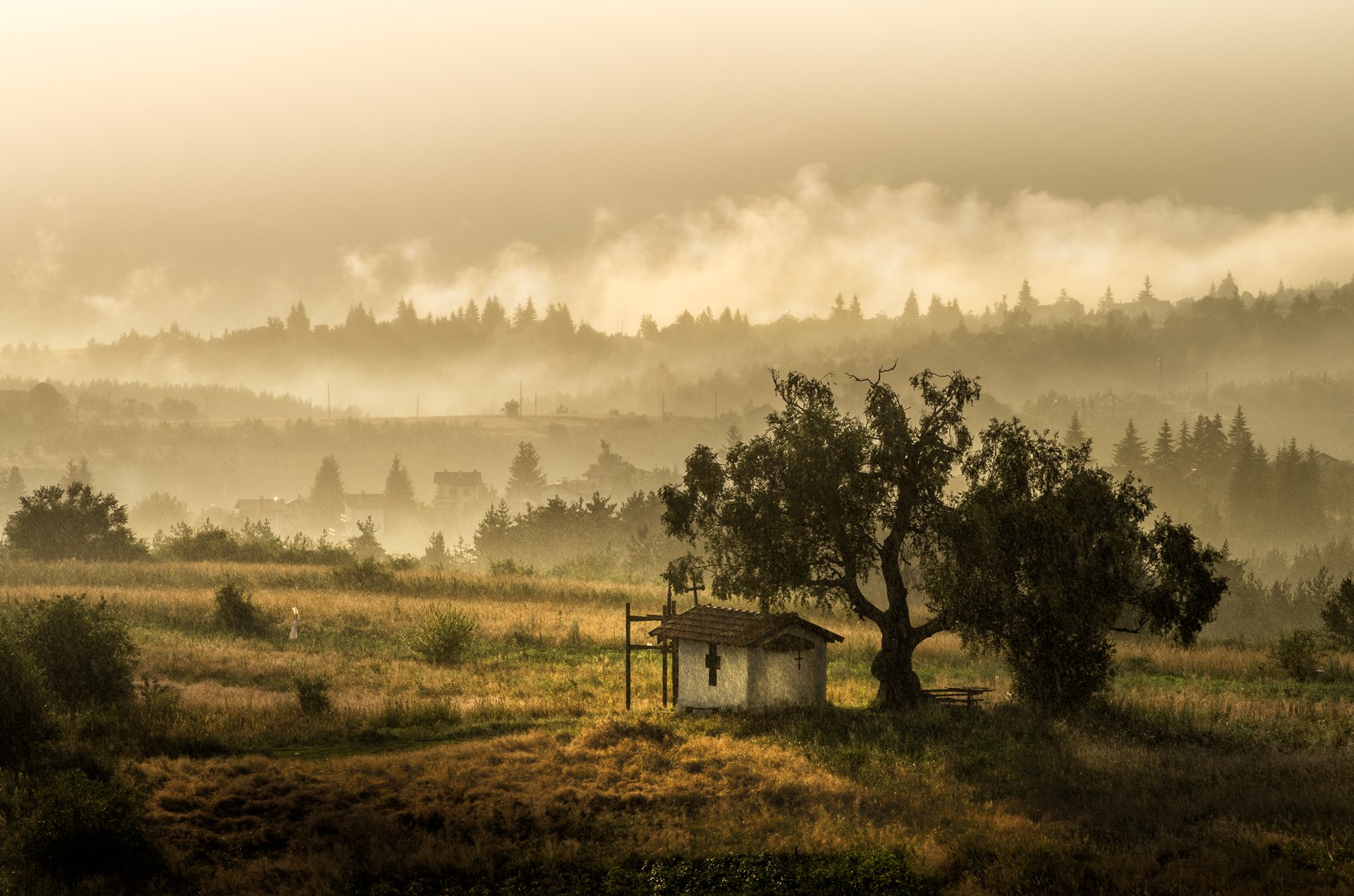 landscape nature sunset fog foggy mist misty scenery chapel mountain vitosha plana bulgaria закат пейзаж, Александър Александров