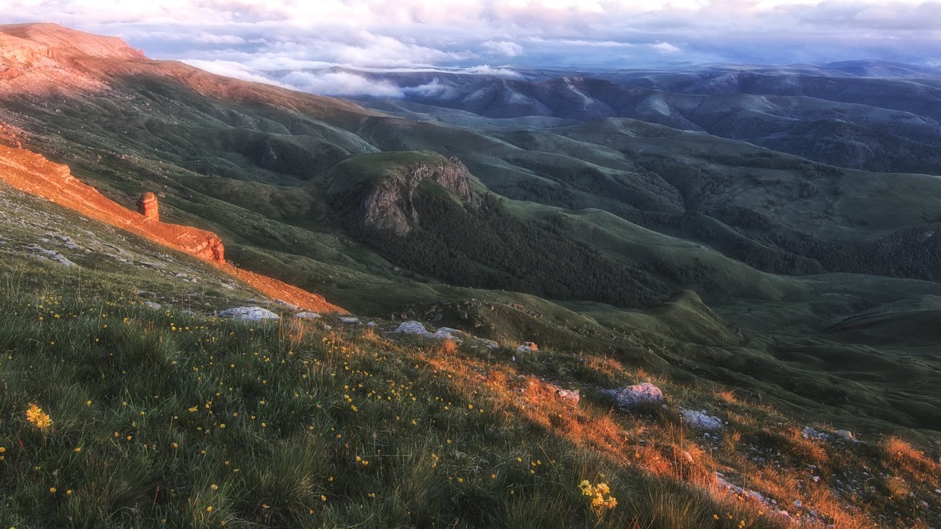 кавказ,горы,плато,цветы,закат., Анатолий Салтыков