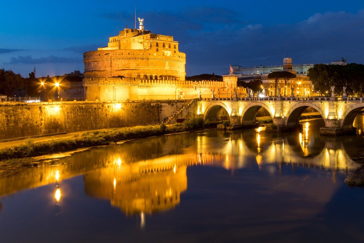 reflection, water, river, blue, castle, bridge, architecture, Rome, Italy, Nikolay Tatarchuk