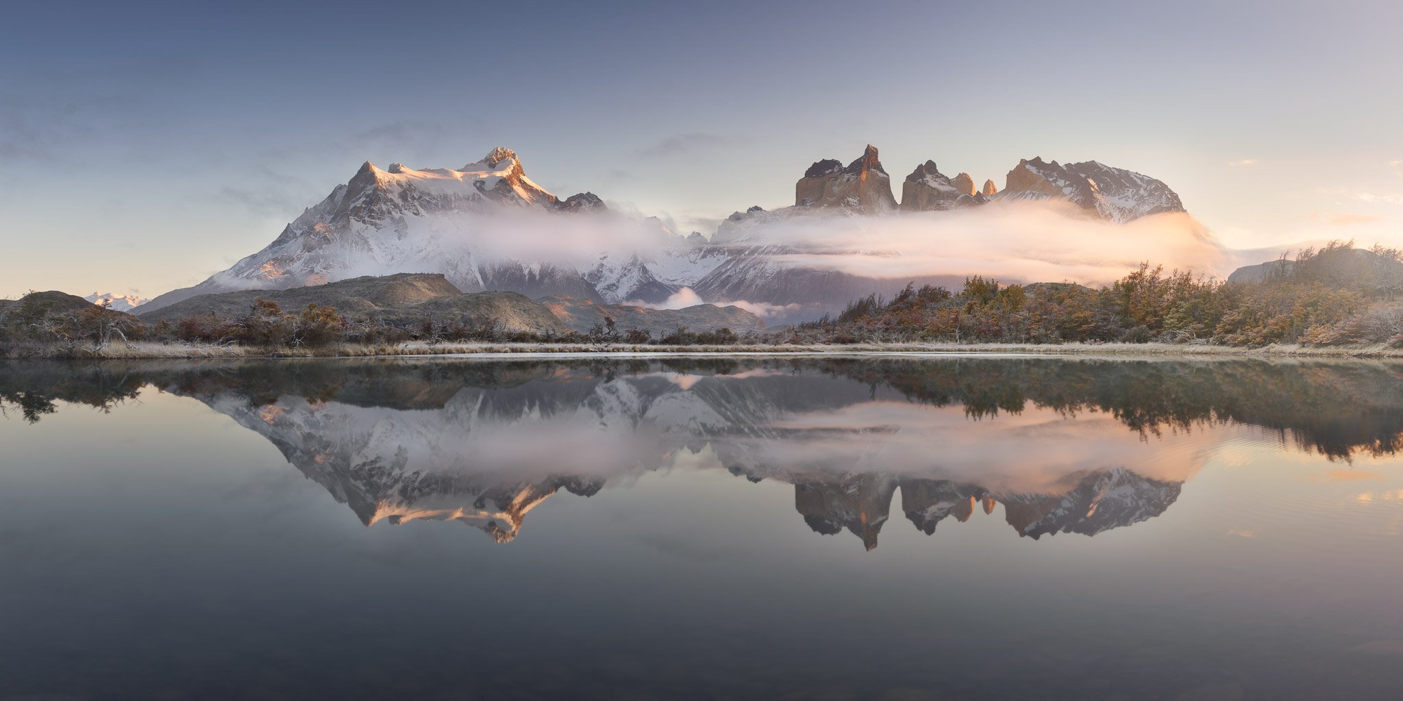 america, andes, beautiful, blue, chile, clouds, cuernos, del, frost, glacier, hiking, hill, ice, lake, landmark, landscape, light, mirror, morning, mountain, national, nature, outdoor, paine, pano, panorama, panoramic, park, patagonia, peak, pehoe, range,, Andrey Omelyanchuk