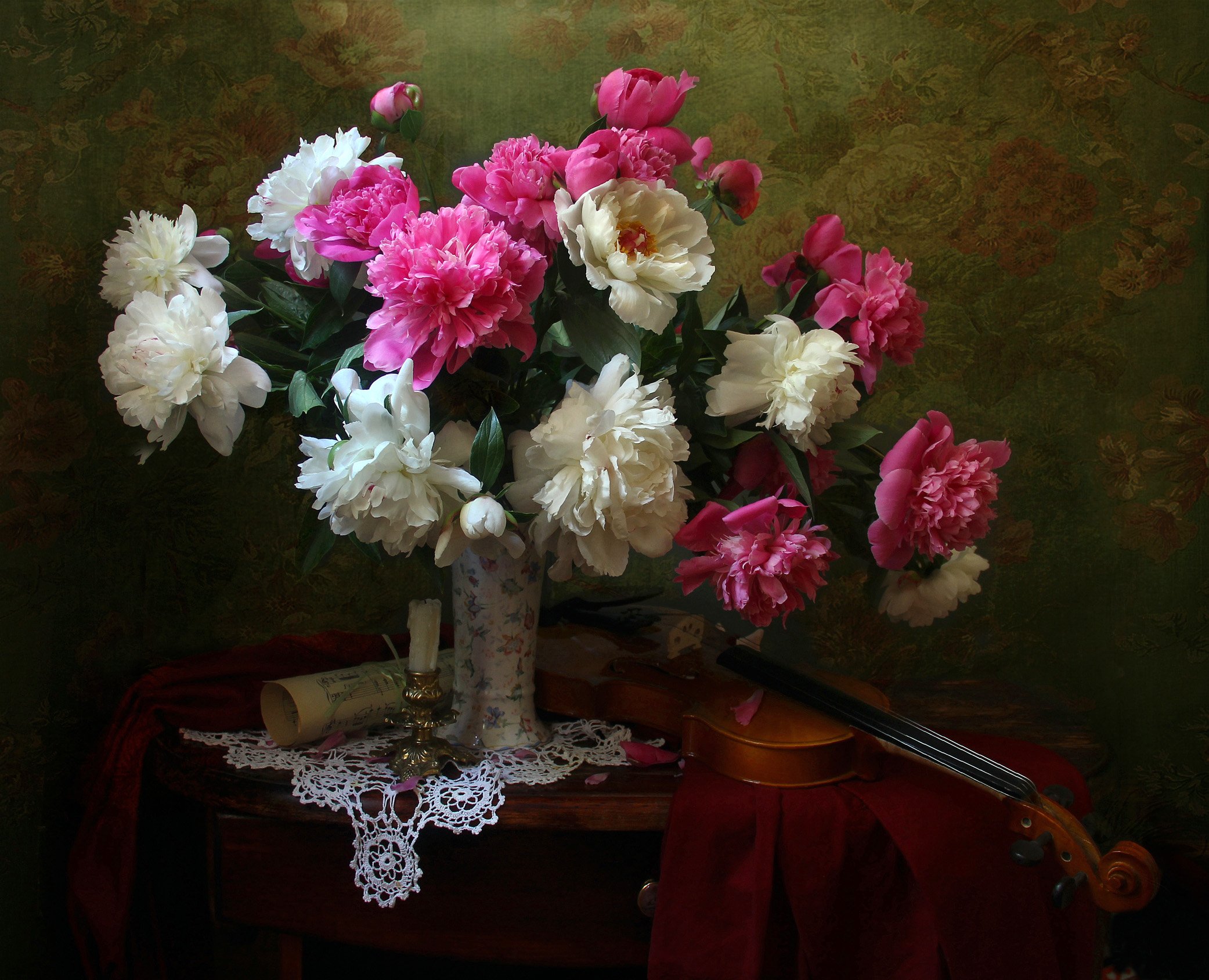натюрморт, букет цветов, пионы, скрипка, марина филатова, Марина Филатова