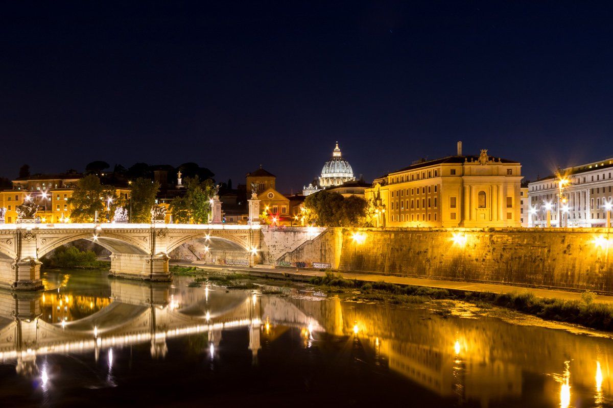 Rome, Italy, reflection, night photography, architecture, bridge, Nikolay Tatarchuk