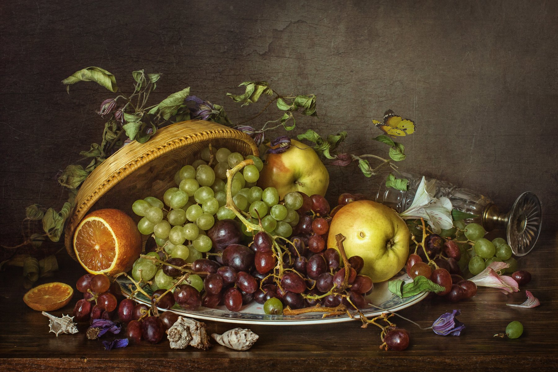 натюрморт, фрукты, виноград, яблоко, апельсин, цветы, Анна Петина