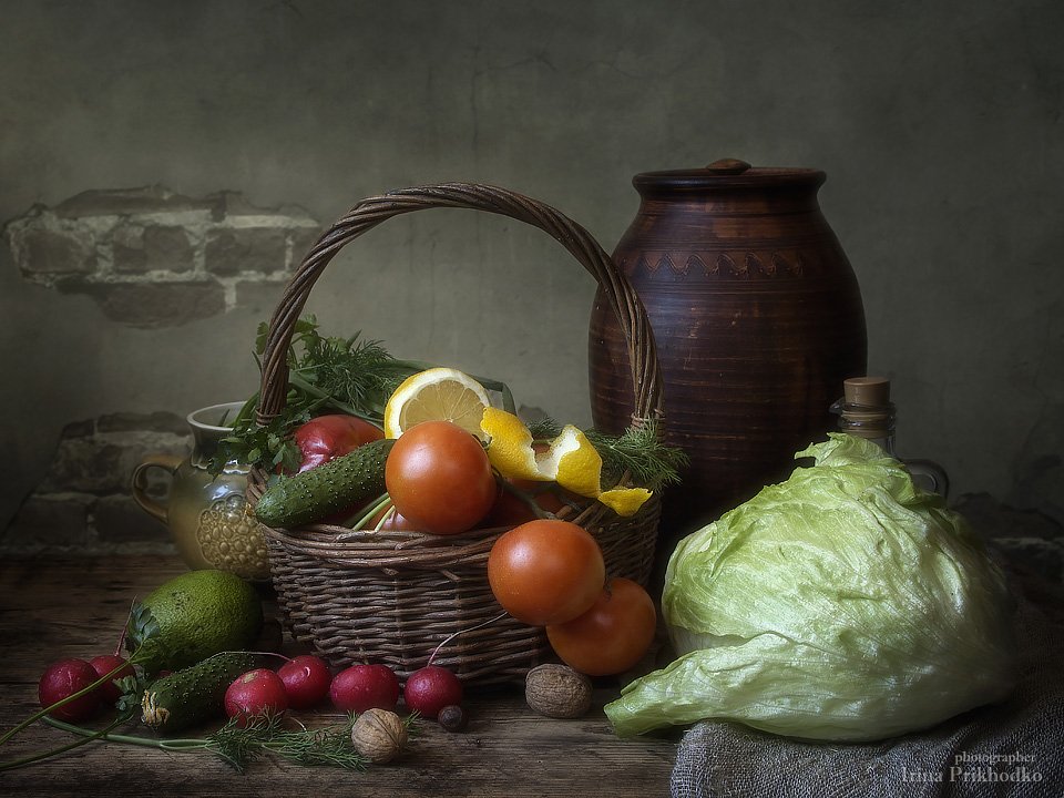 натюрморт, овощи, вегетарианский, корзина, винтажный, Ирина Приходько