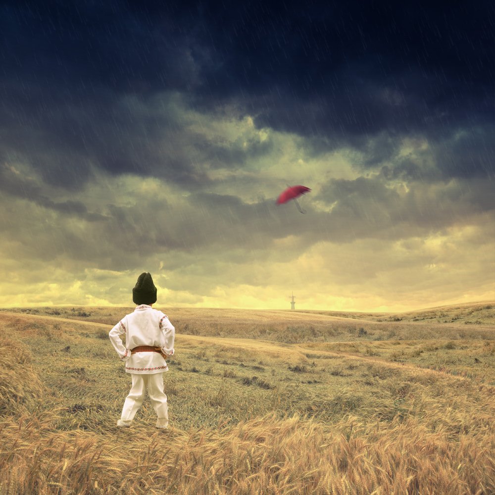 grain, child, strong wind, rain, clouds, alone, fly, umbrella, looking, ground, Caras Ionut