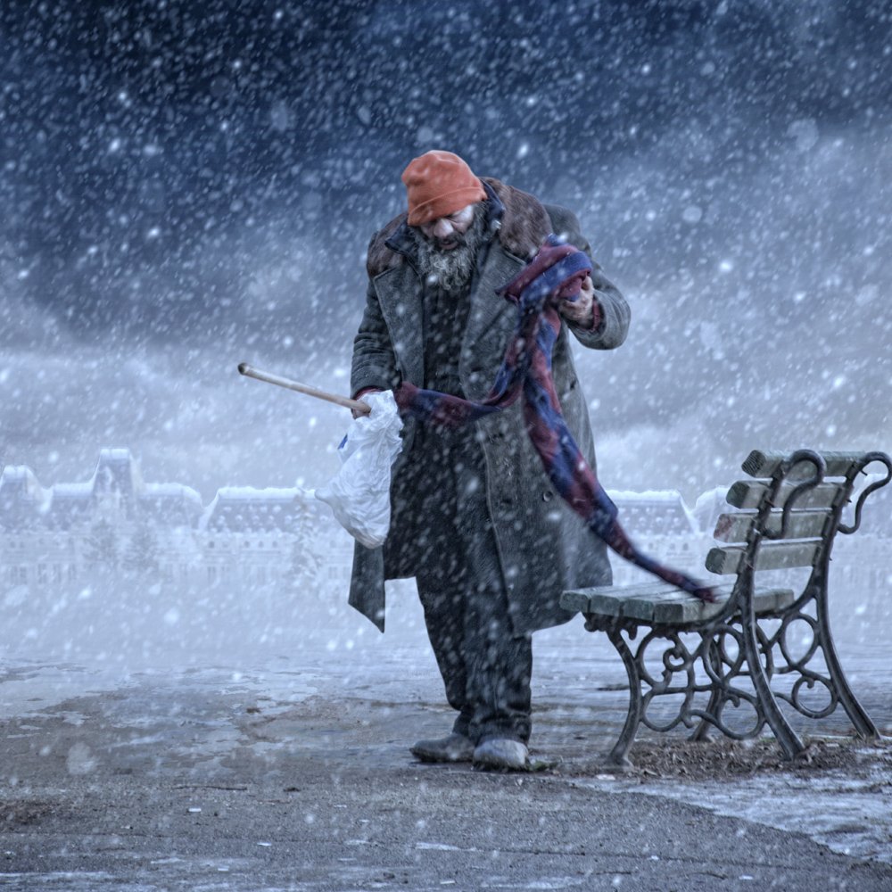 winter, reflection, tree, man, snow, alone, fantasy, bench,, Caras Ionut