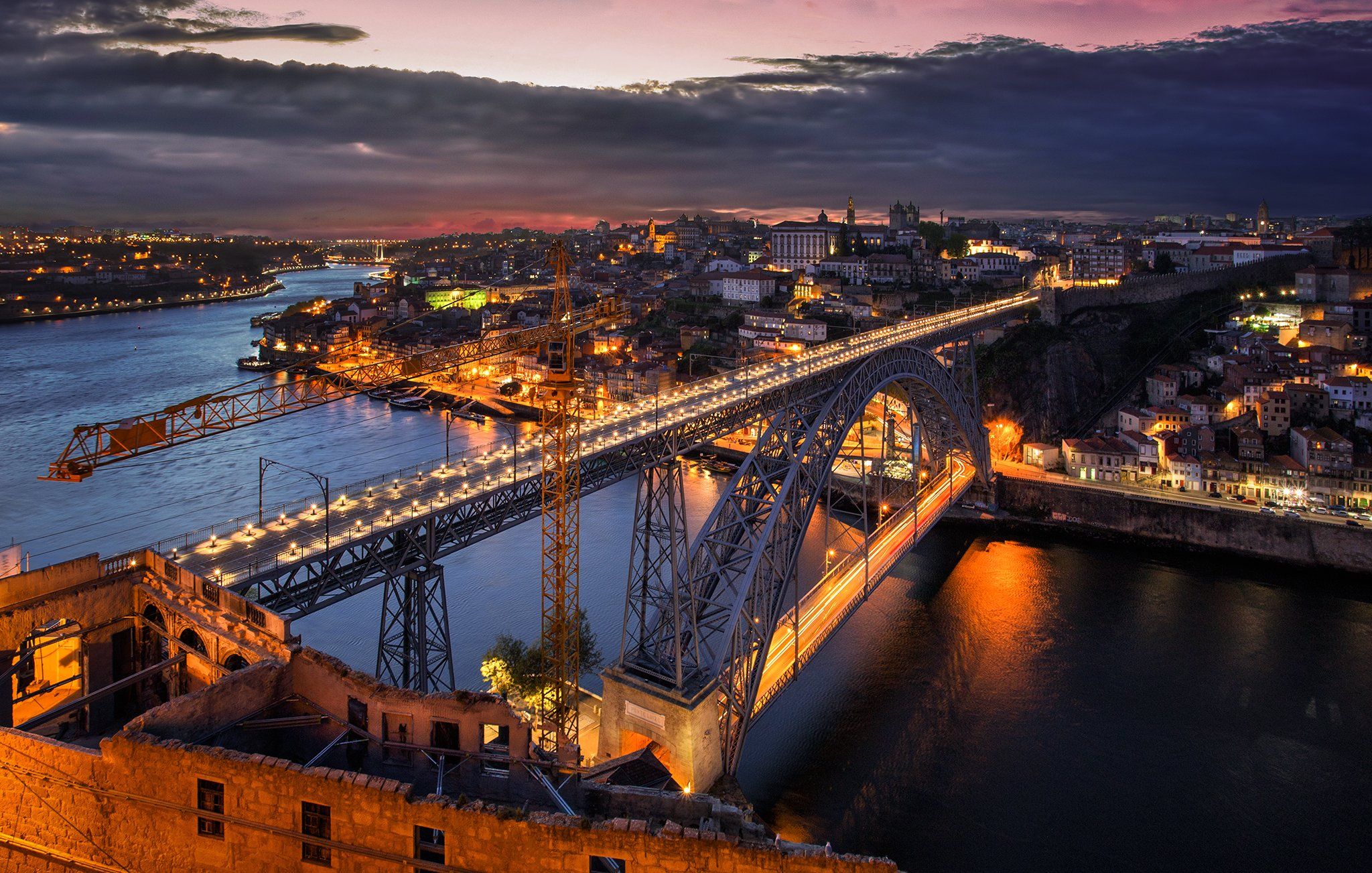 porto, city, night, architecture, portugal, river, sunset, blue, light,, Pawel Olejniczak