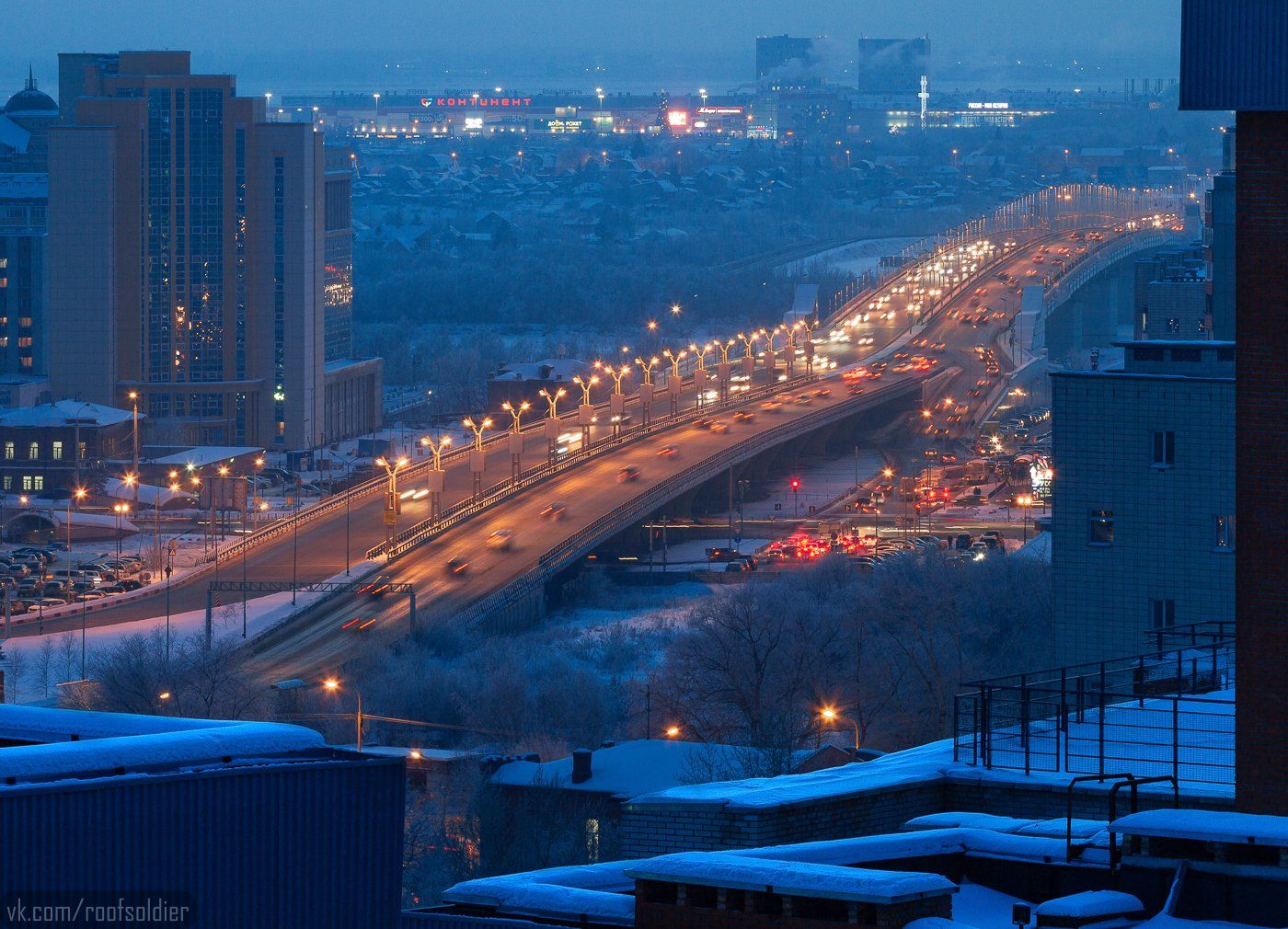Омск, Россия, ночь, зима, крыша, мост, город, пейзаж, Голубев Алексей
