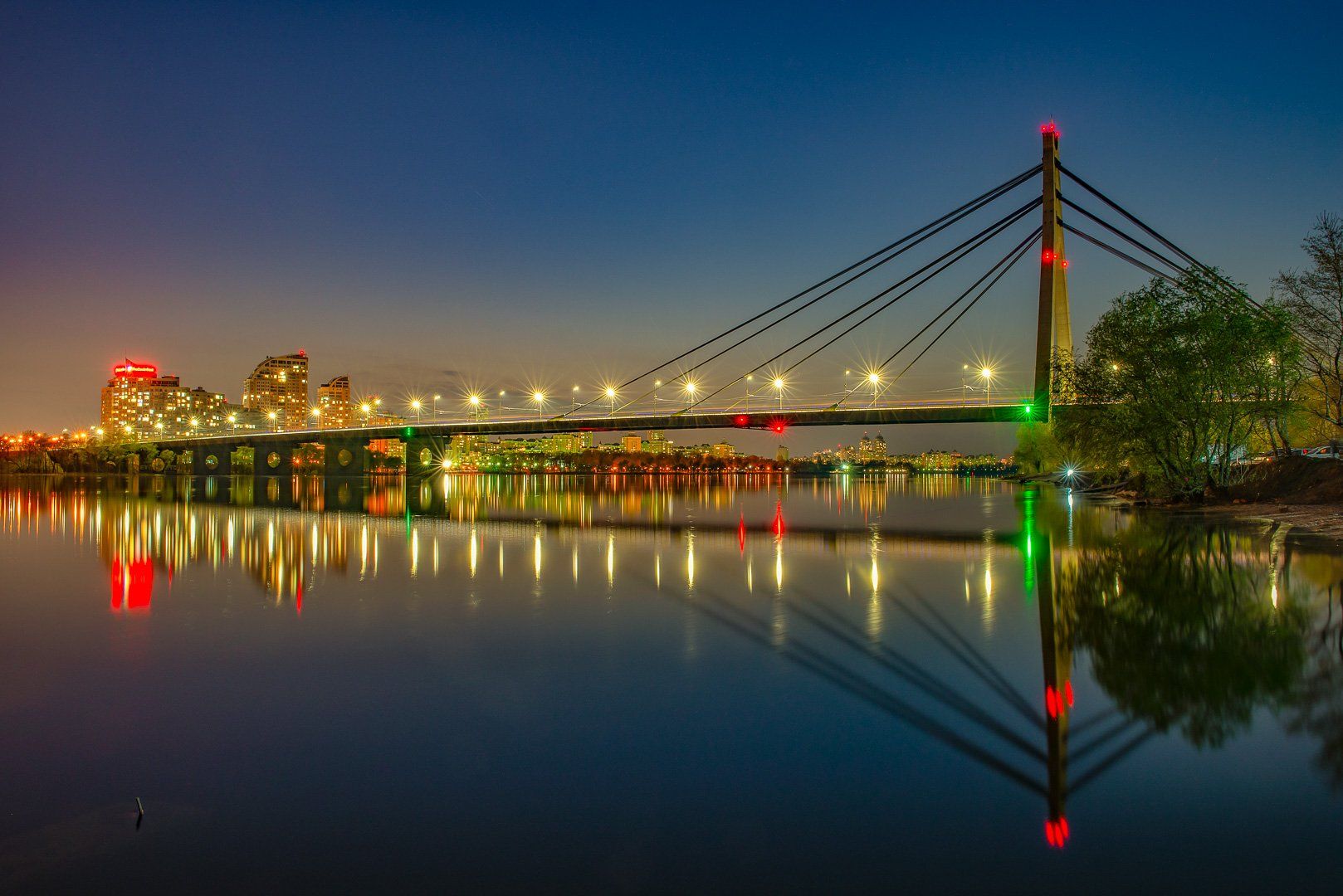 bridge, river, cityscape, night, reflection, sky, lights, Oleg Utyuzh