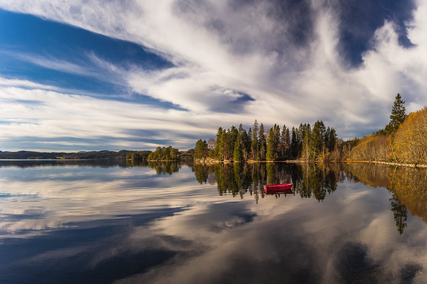 norway,jonsvatnet,lake,sky,reflections,boat,red boat,mirrored,clouds,forest,lakeside,, Adrian Szatewicz