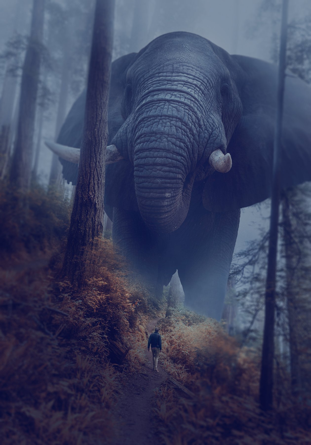 слон, мужчина, лес, туман, Sergii Vidov