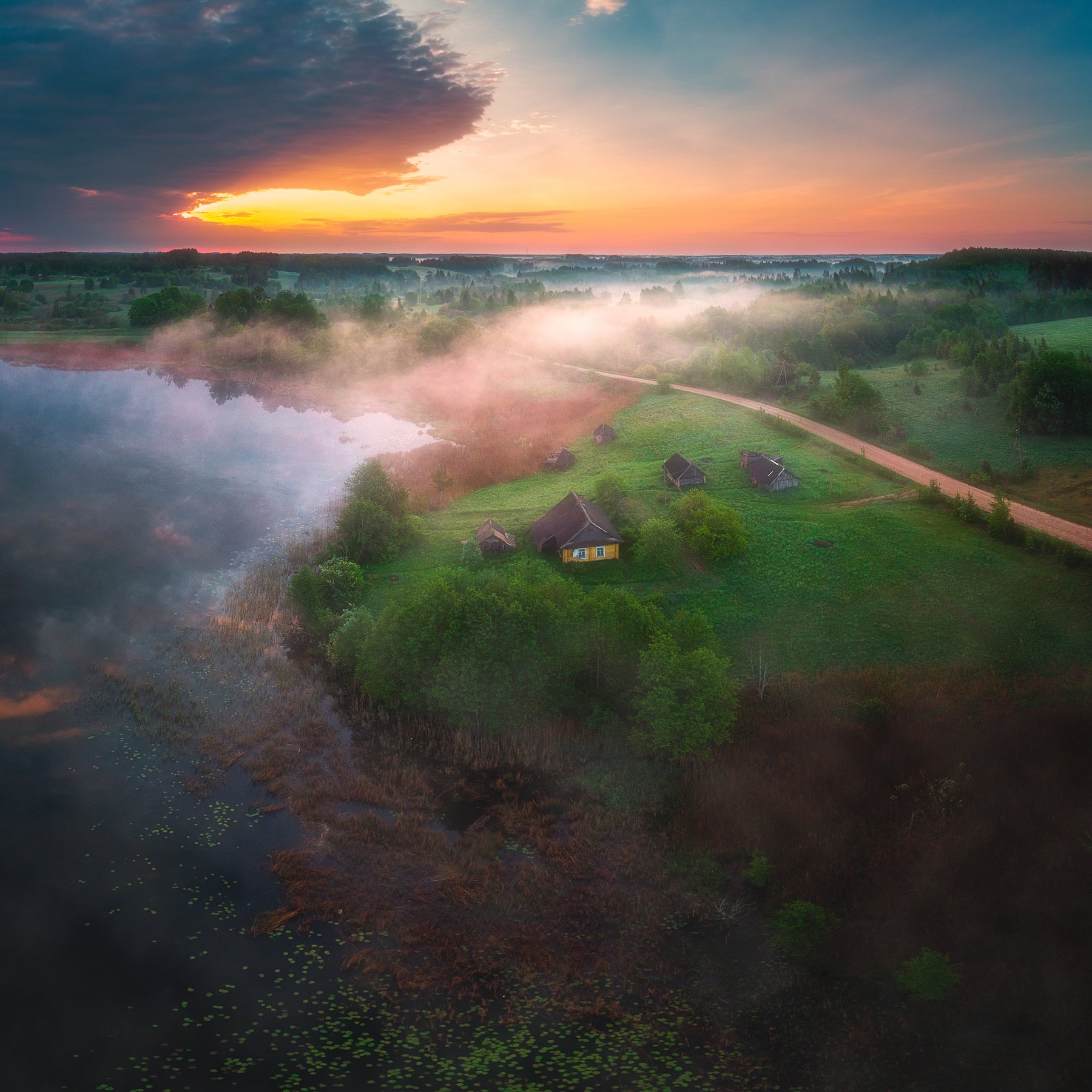 landscape,sunrise,drone,fog,light,lake, Olegs Bucis