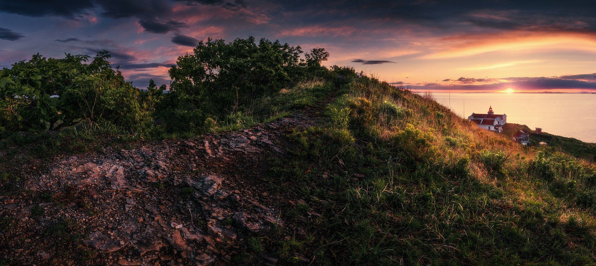 панорама, море, маяк, лето, восход, Андрей Кровлин