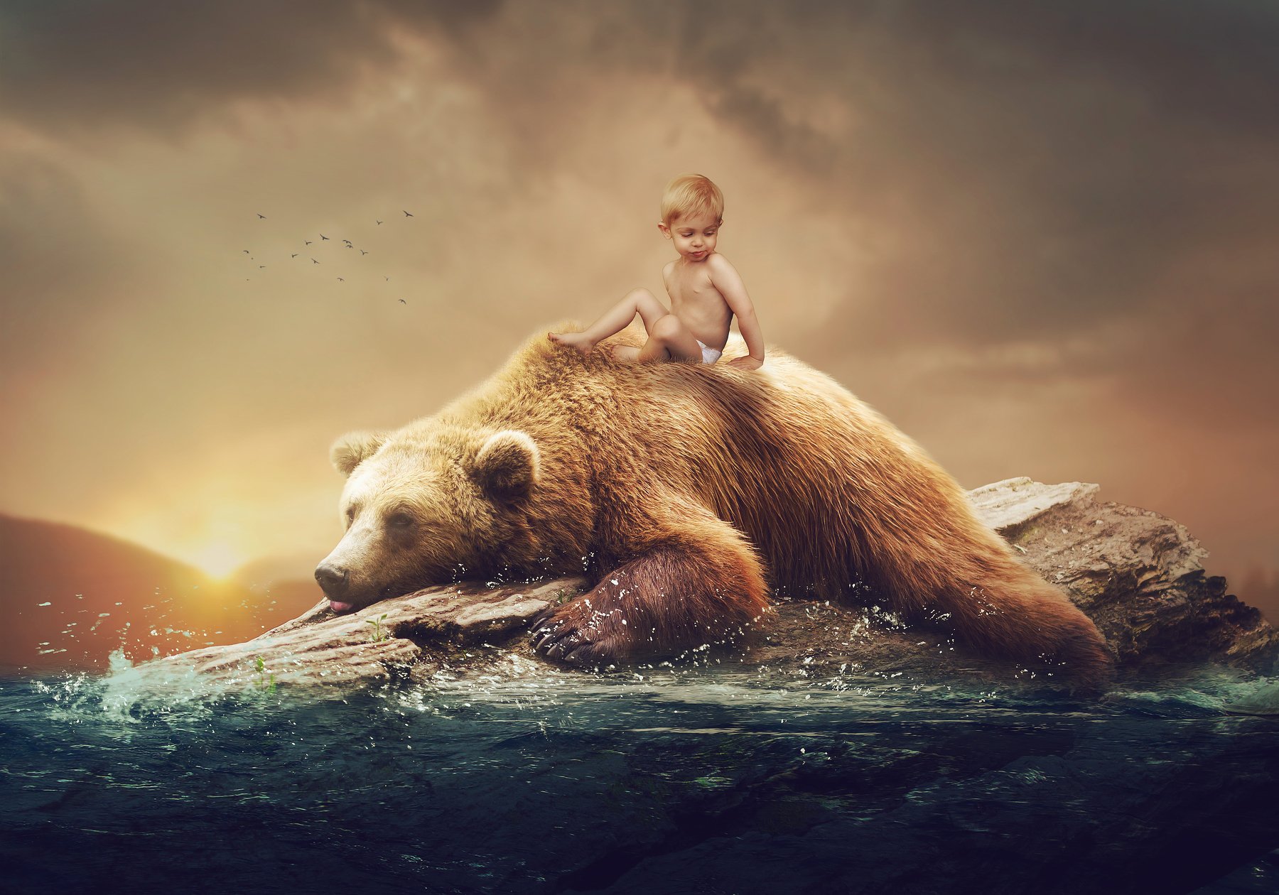 мальчик, медведь, река, бревно, Sergii Vidov