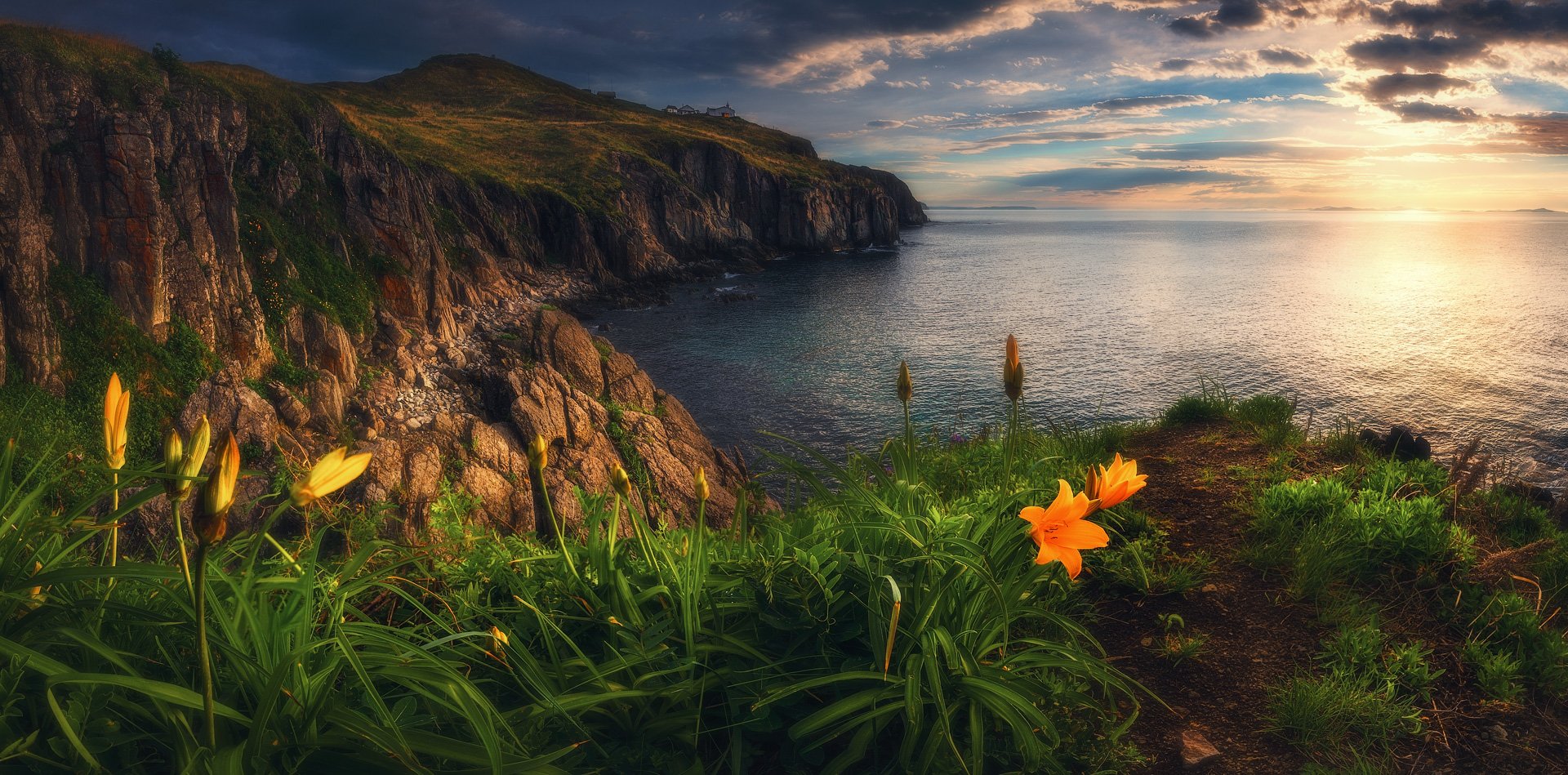 панорама, море, скалы, маяк, утро, лето, Андрей Кровлин