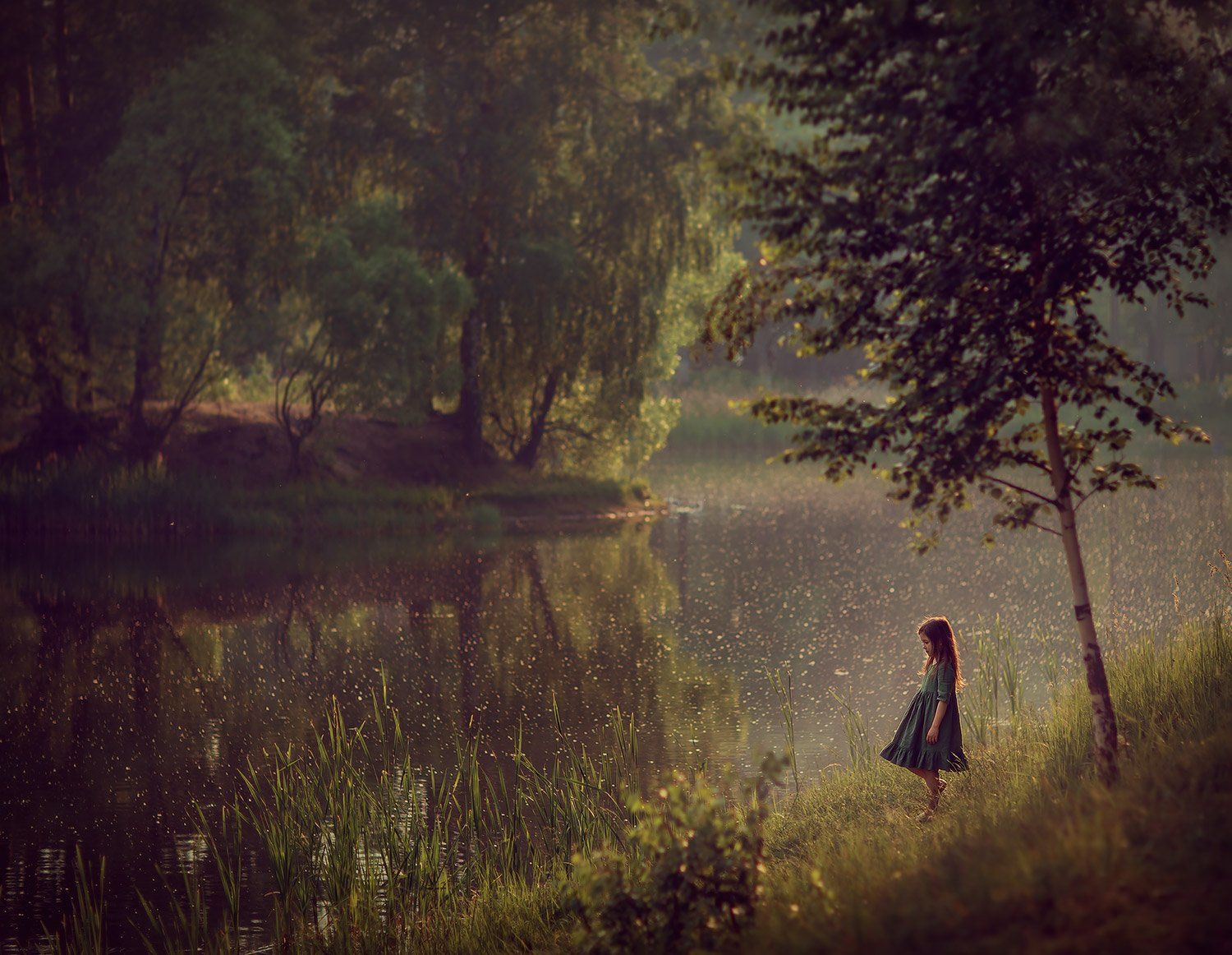 девочка, пруд, озеро, вода, отражение, лес, деревья, Катрин Белоцерковская