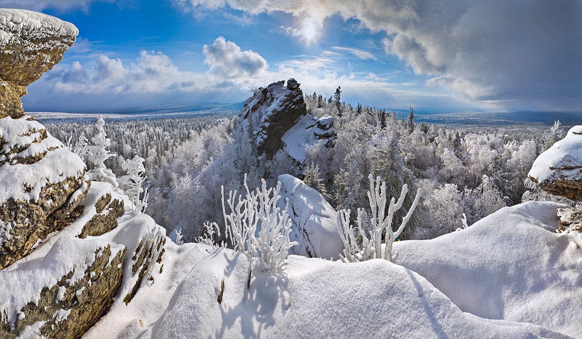 ural, landscape, mountains, forest, rock, winter, Konstantin Mironov
