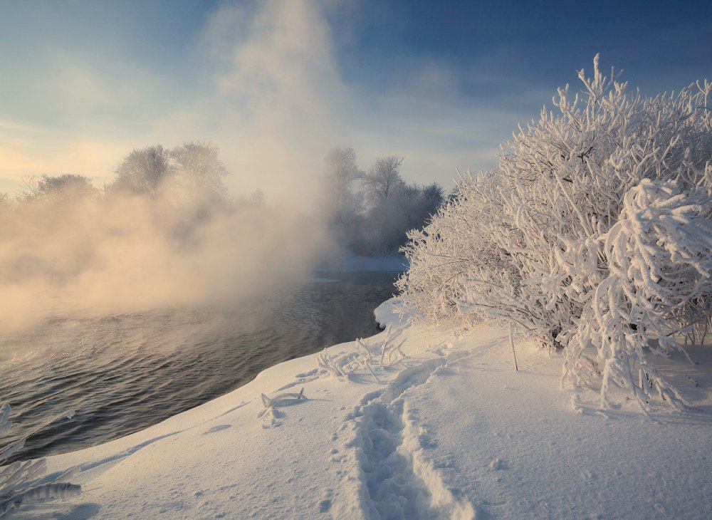 речка, вода, туман, пар, деревья, иней, небо, зима, мороз, Георгий Машковцев