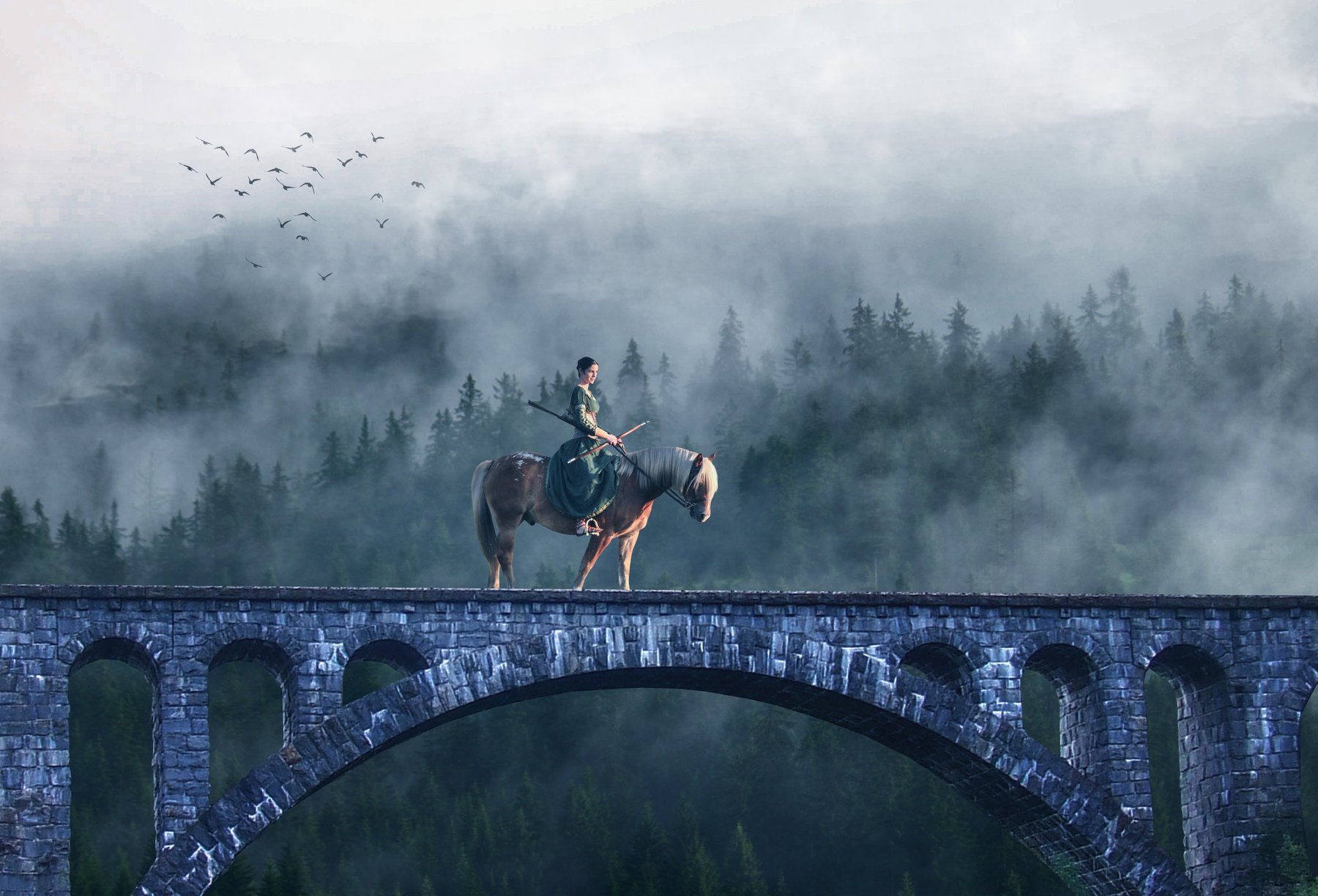 мост, лес, горы, туман, девушка, конь, Sergii Vidov