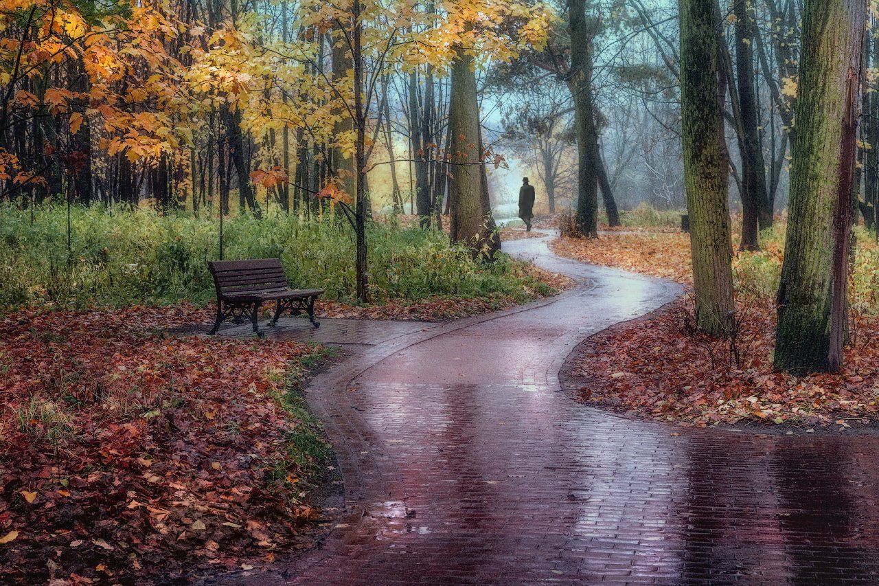 осень, дождь, одинокий, прохожий, парк, уныние, одиночество, Виктор Климкин