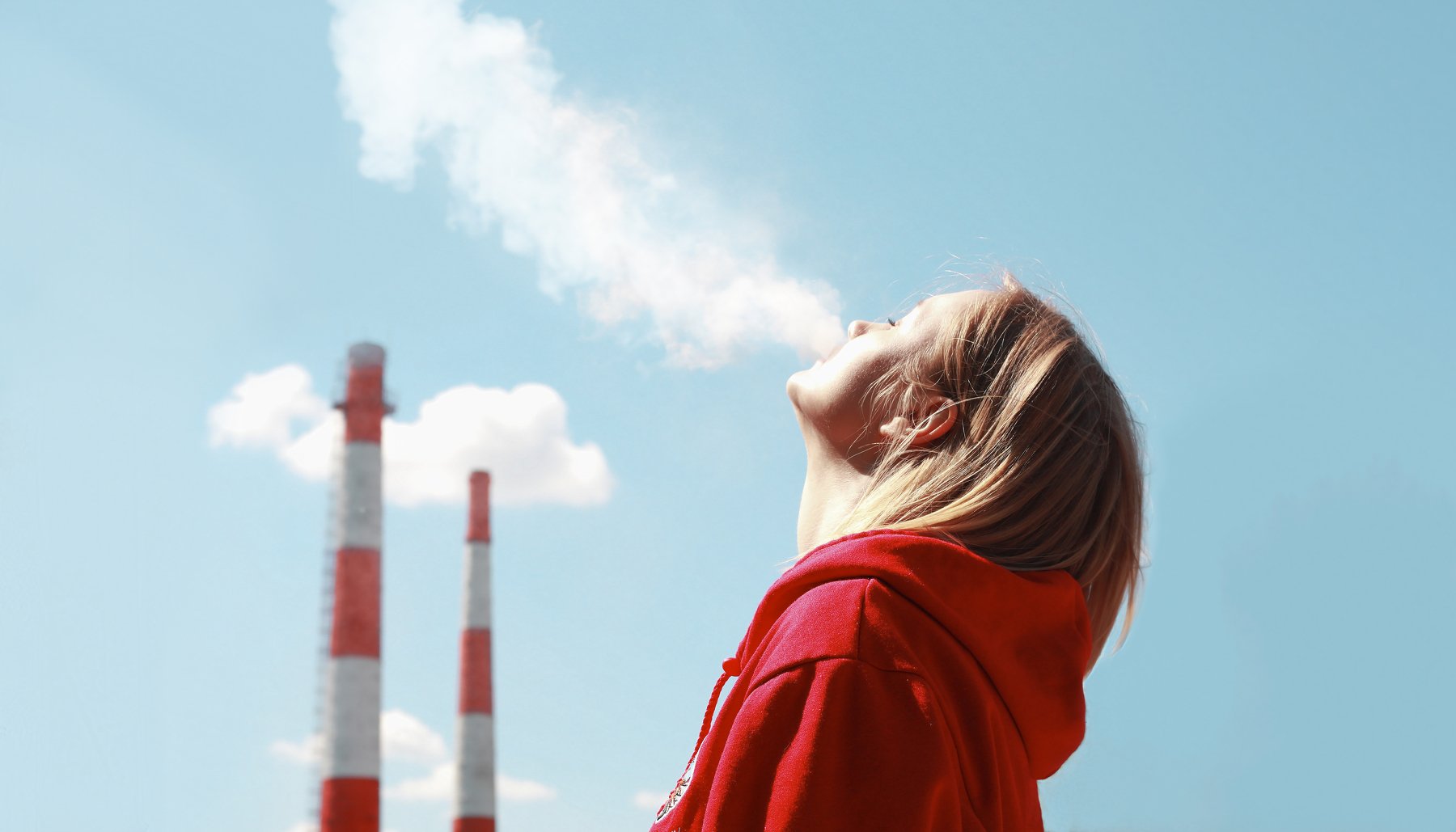 girl, portrait, blue sky, factory, smoke, Алина Абрамова
