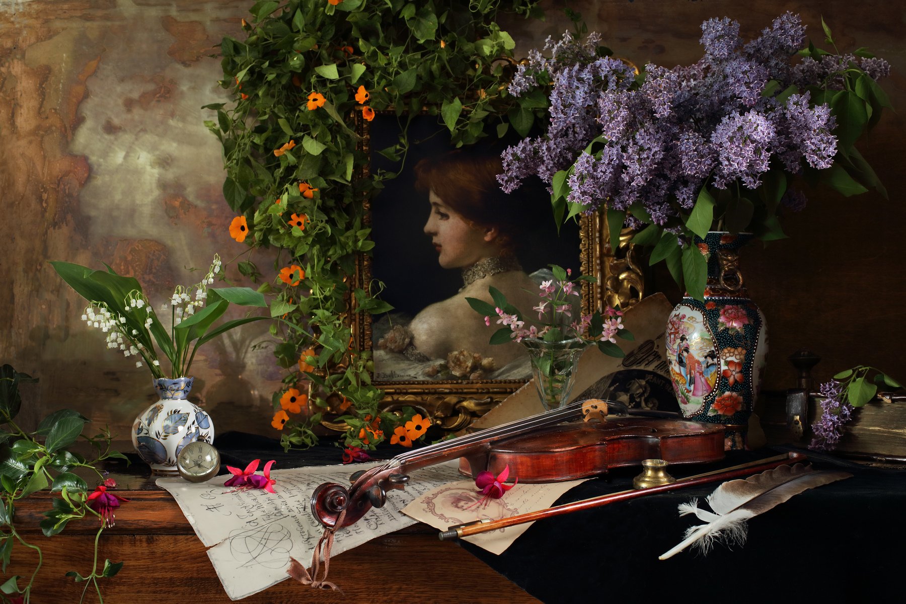 цветы, сирень, ландыши, скрипка, музыка, портрет, девушка, ваза, Андрей Морозов