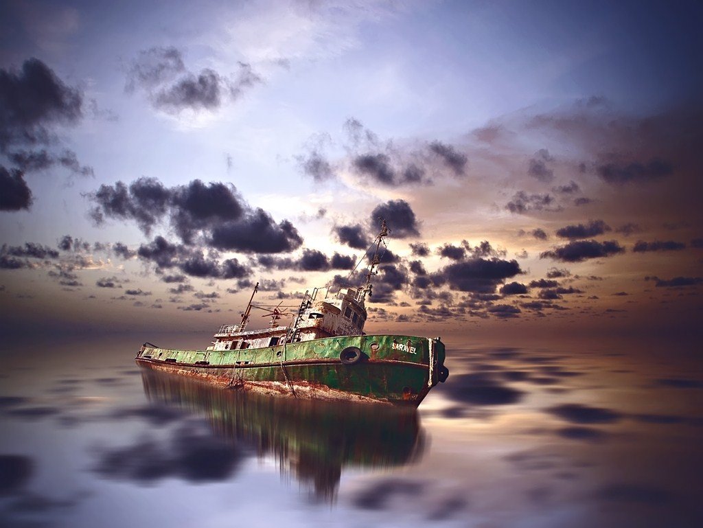 ship, sunset, sea, Artur Brandys