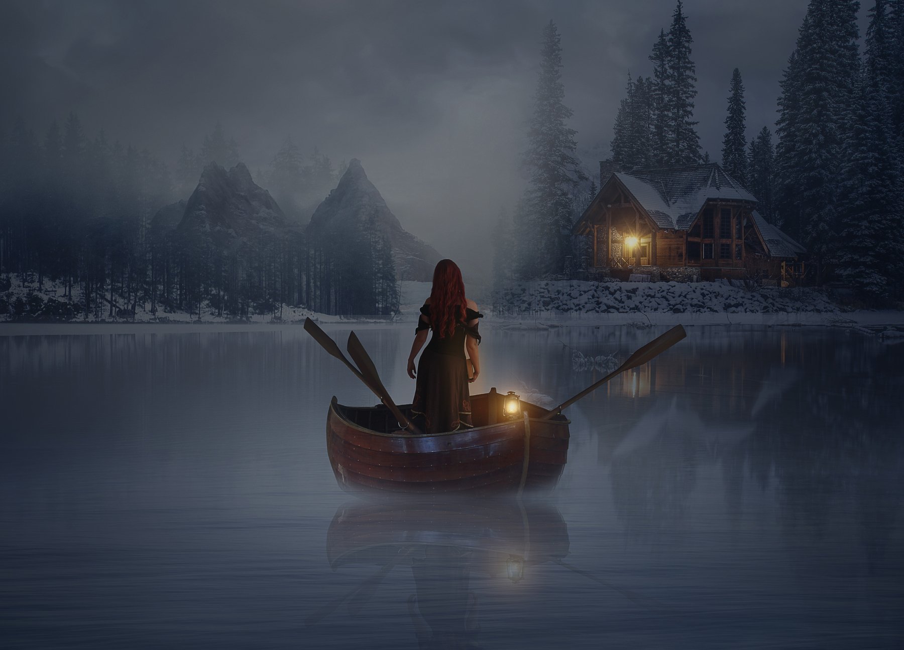 озеро, лодка, девушка, фонарь, лес, Sergii Vidov
