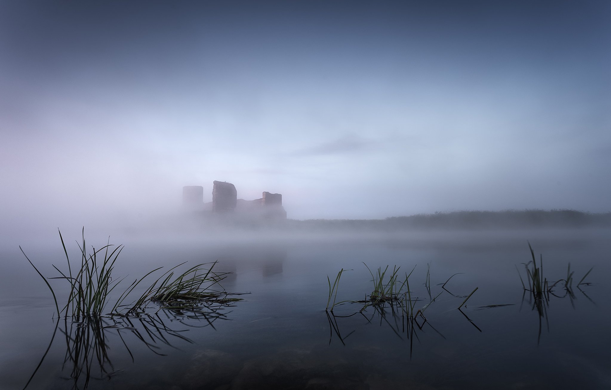castle, river, morning, blue, water, fog, Pawel Olejniczak