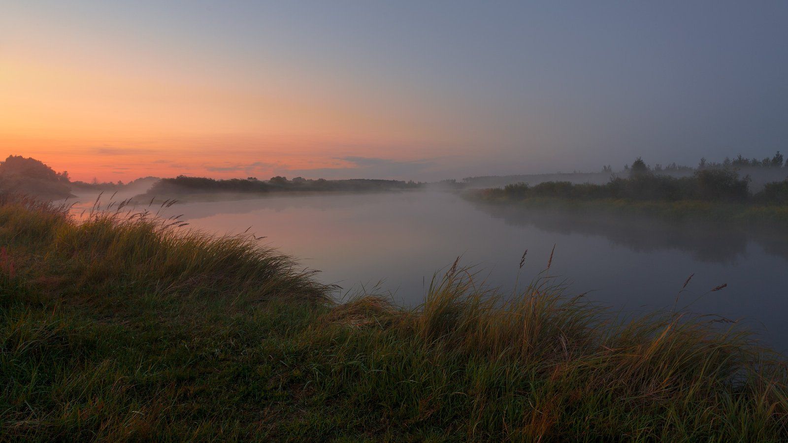 река Березина, туман, закат, лето, берег реки, травы на лугу, Михаил Кушнер