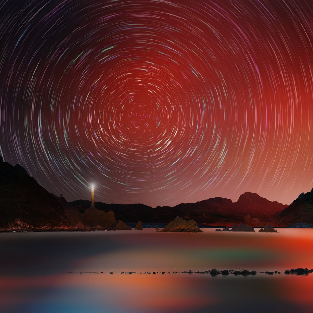 red, reflection, light, lighthouse, trail, stars, mounting, cliff, round, land, circle, longexposure, star trail,, Caras Ionut