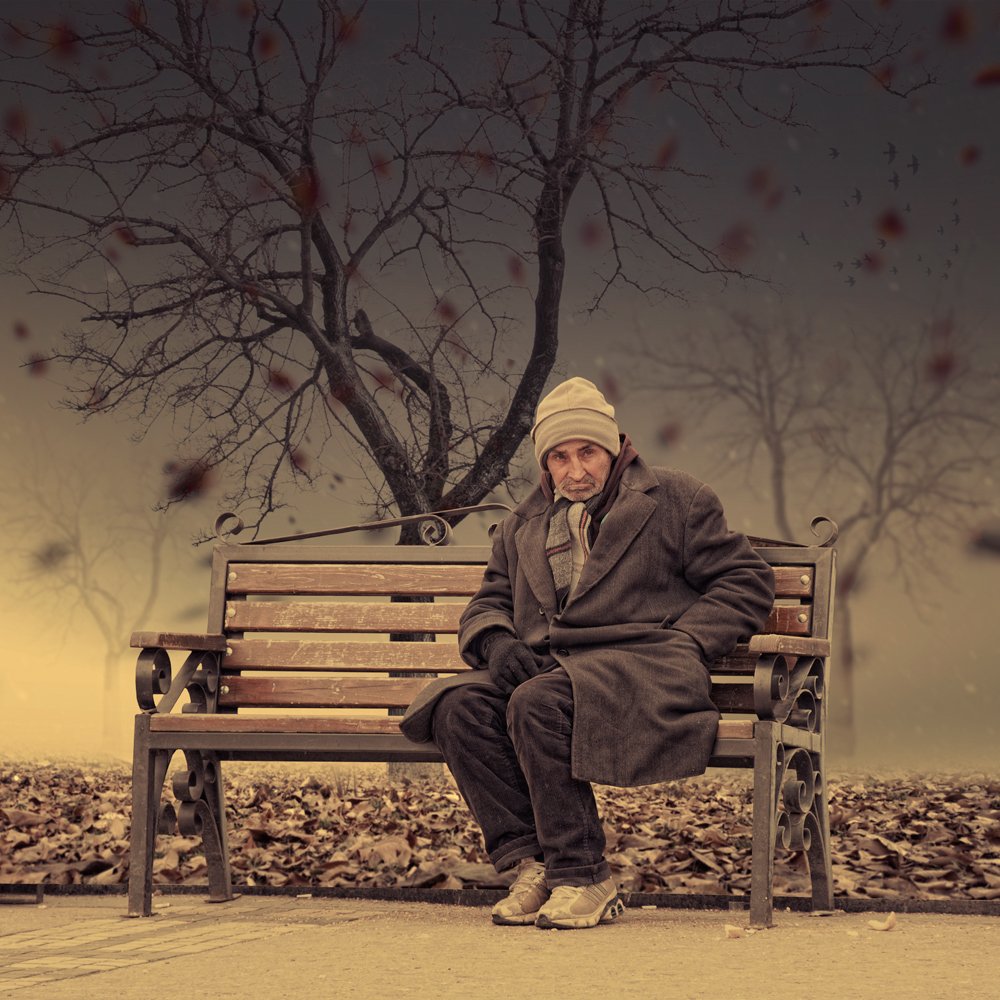 autumn, cold, wind, tree, leaf, bench, man, alone, fly, Caras Ionut